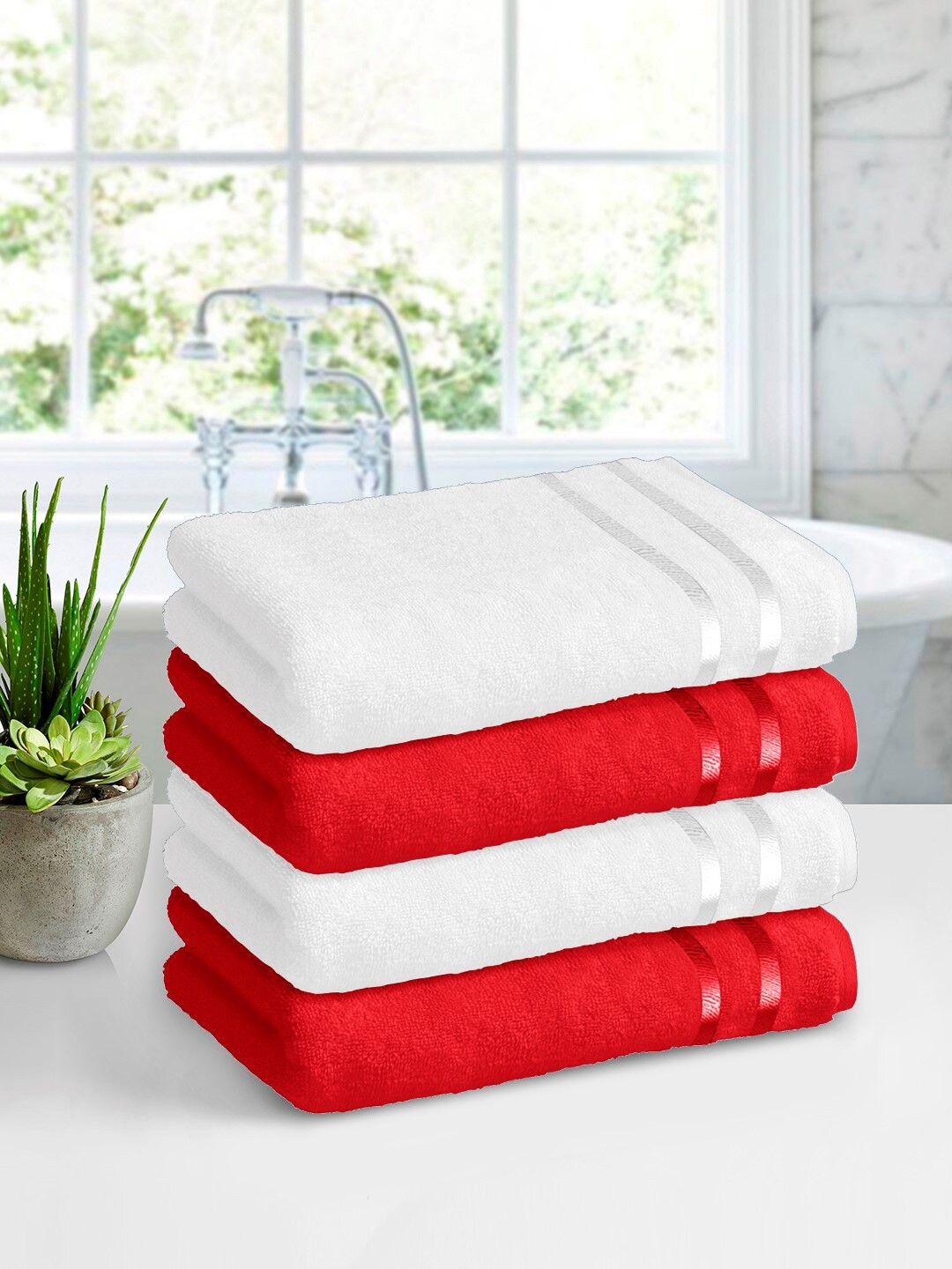 

Story@home White & Red Pack of 4 450 GSM Pure Cotton Bath Towels