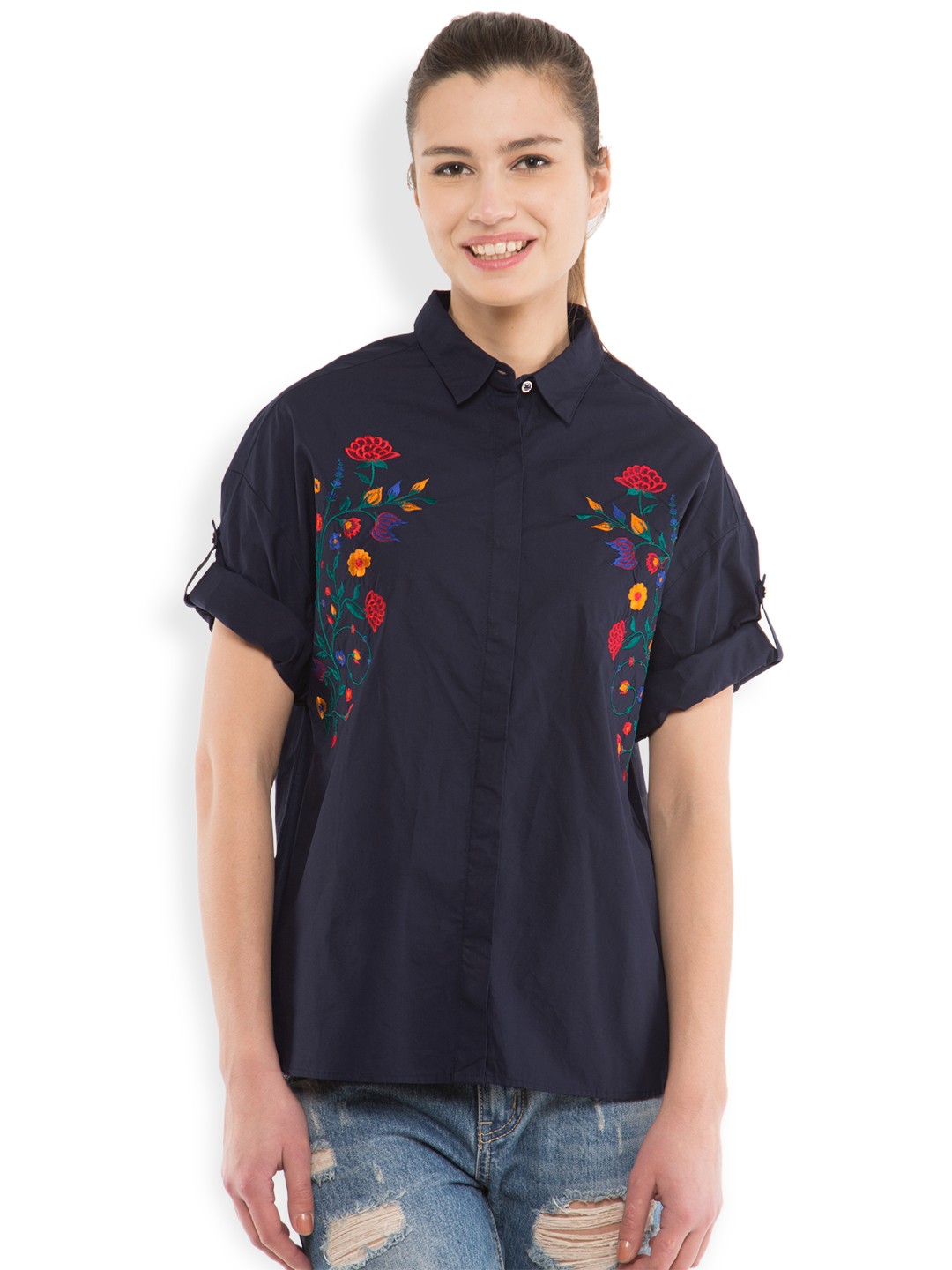 

Tokyo Talkies Women Navy Classic Fit Casual Shirt with Embroidered Detail, Navy blue
