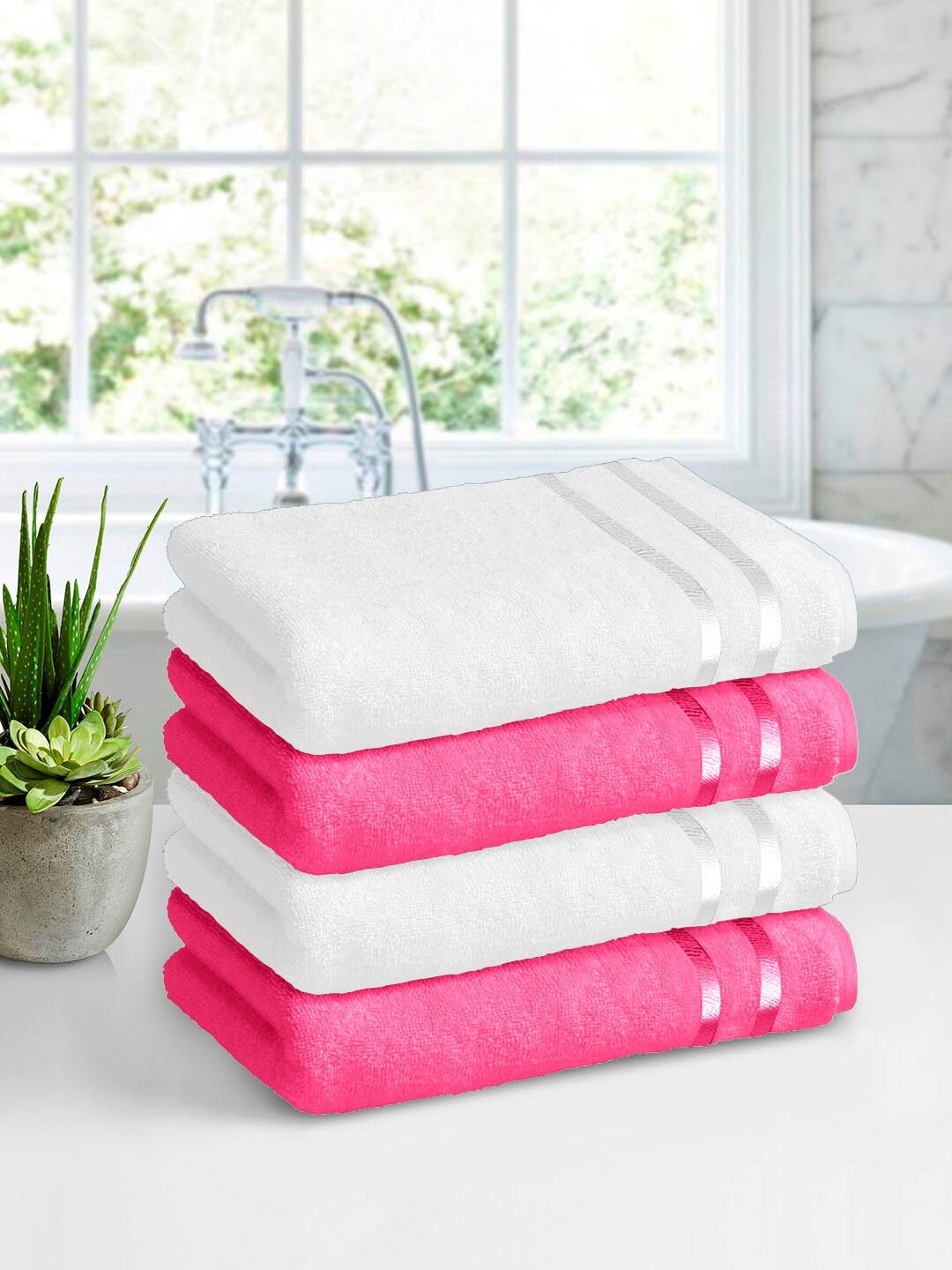 

Story@home White & Pink Pack of 4 450 GSM Pure Cotton Bath Towels