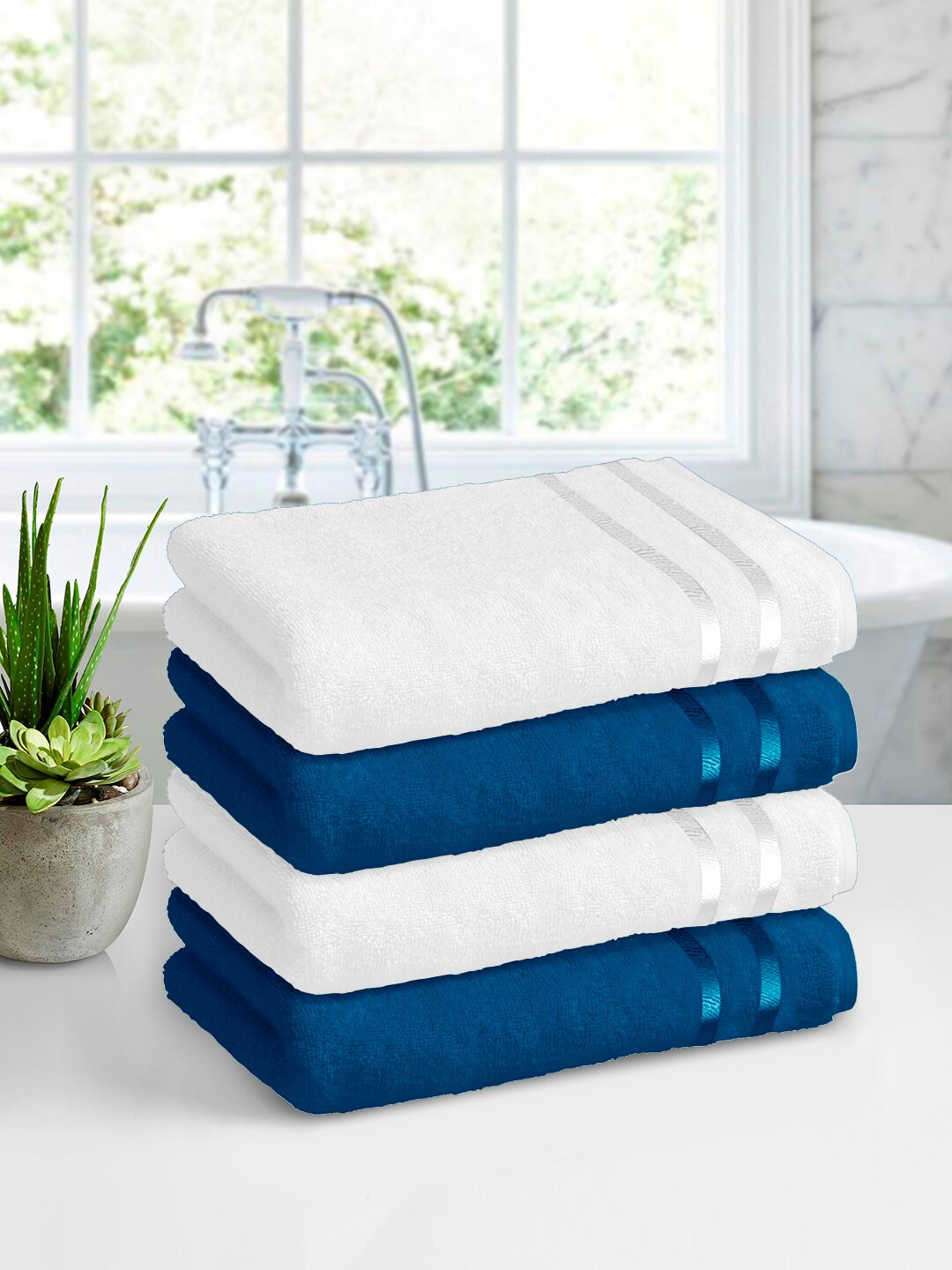 

Story@home White & Blue Pack of 4 450 GSM Pure Cotton Bath Towels