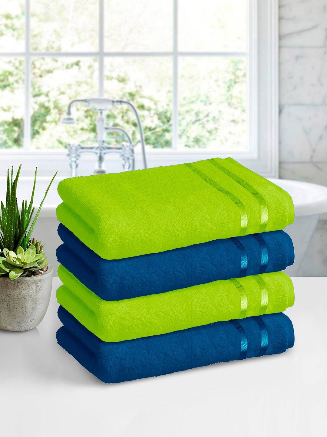 

Story@home Green & Blue Set Of 4 Solid 450 GSM Pure Cotton Bath Towels