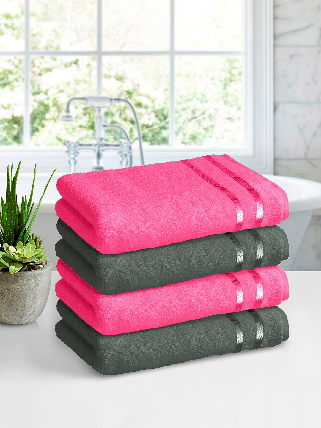 

Story@home Pink & Charcoal Grey Pack of 4 450 GSM Pure Cotton Bath Towels