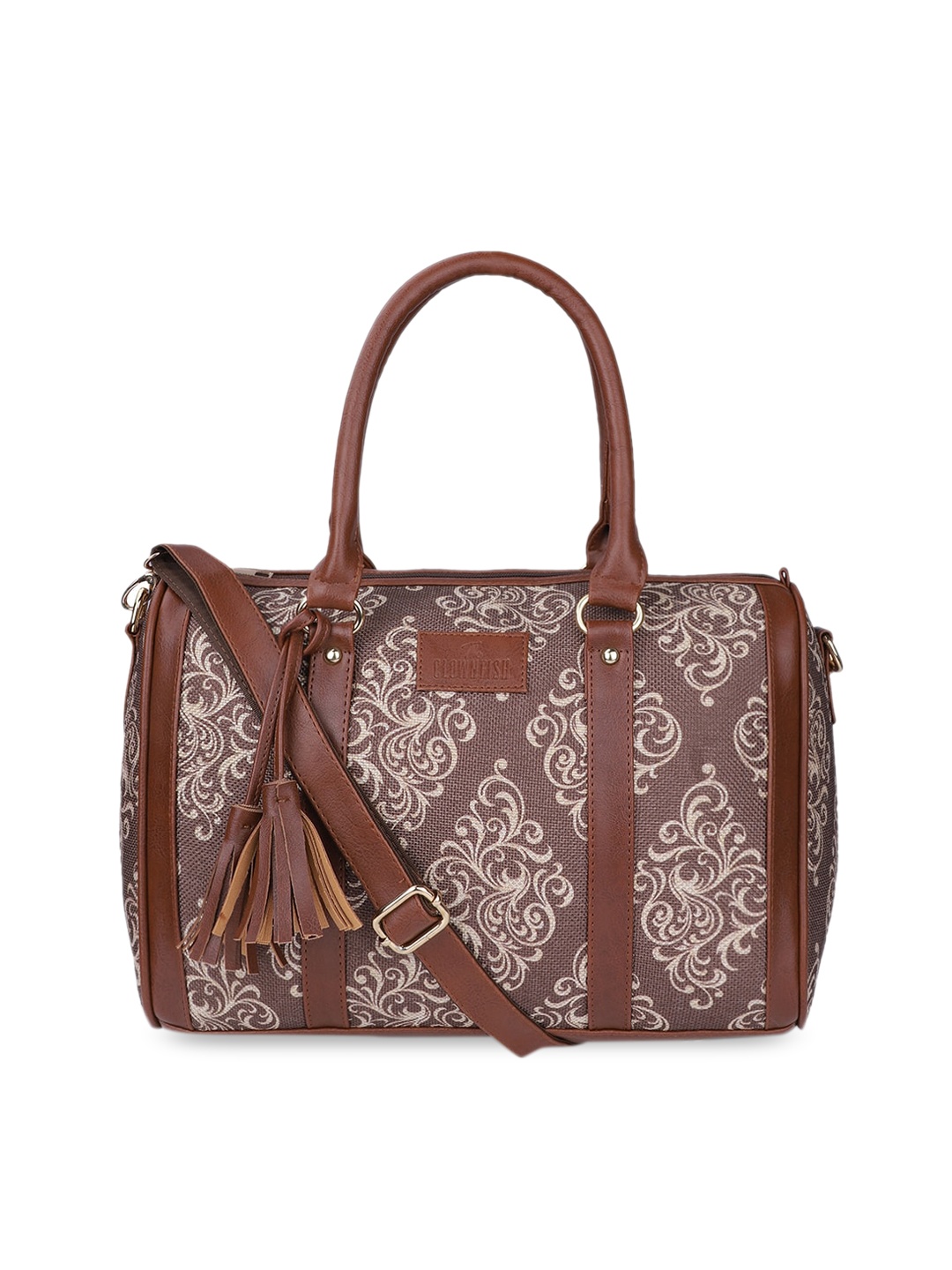 

THE CLOWNFISH Brown Floral Printed Structured Handheld Bag with Tasselled