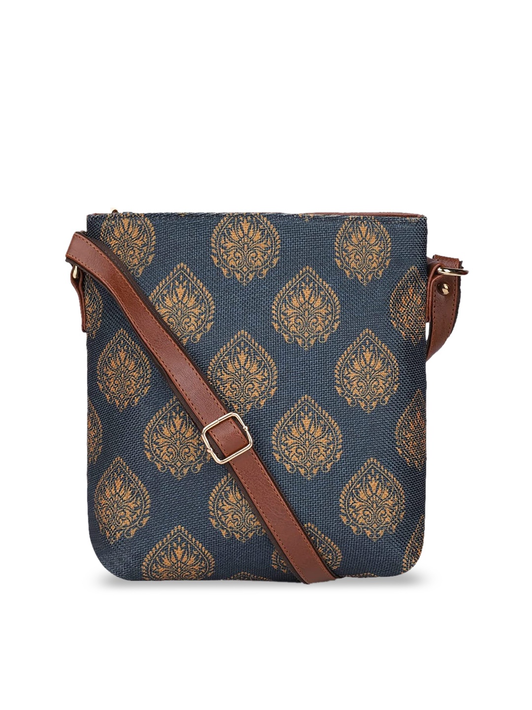 

THE CLOWNFISH Aahna Blue & Yellow Ethnic Motifs Printed Structured Sling Bag