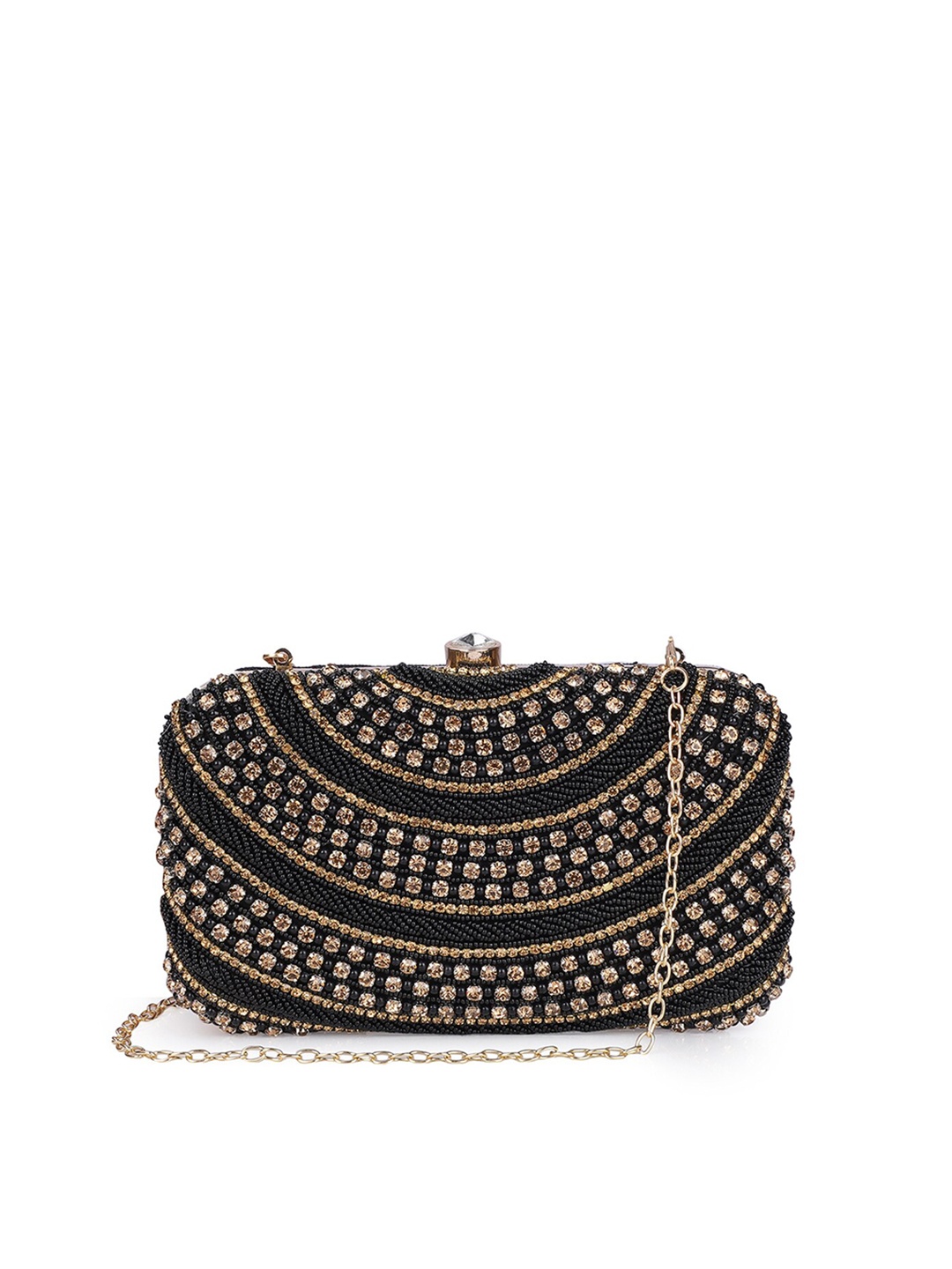 

THE CLOWNFISH Women Black & Gold-Toned Beaded Embellished Envelope Wallet