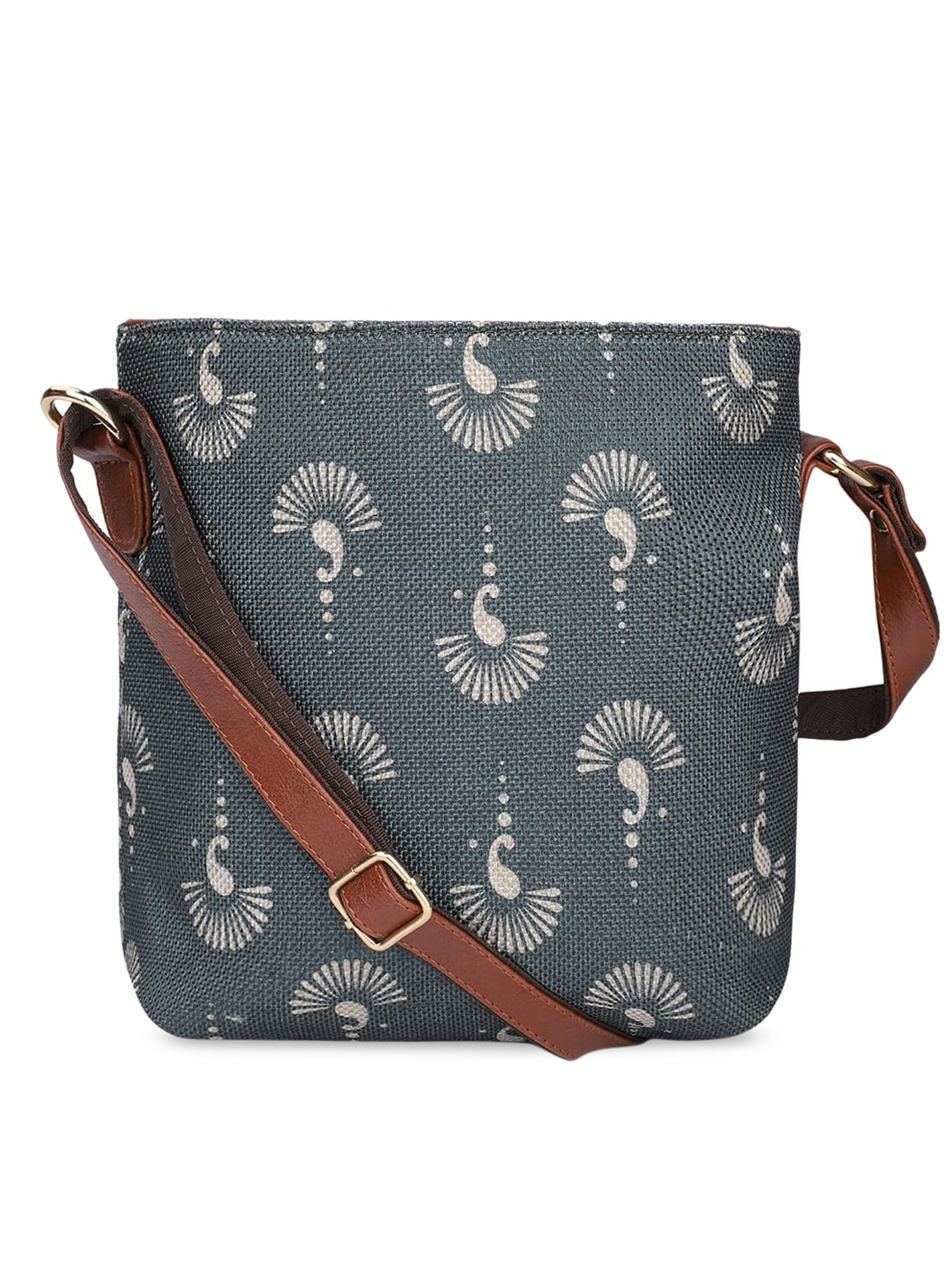 

THE CLOWNFISH Grey & Off White Ethnic Motifs Printed Structured Sling Bag