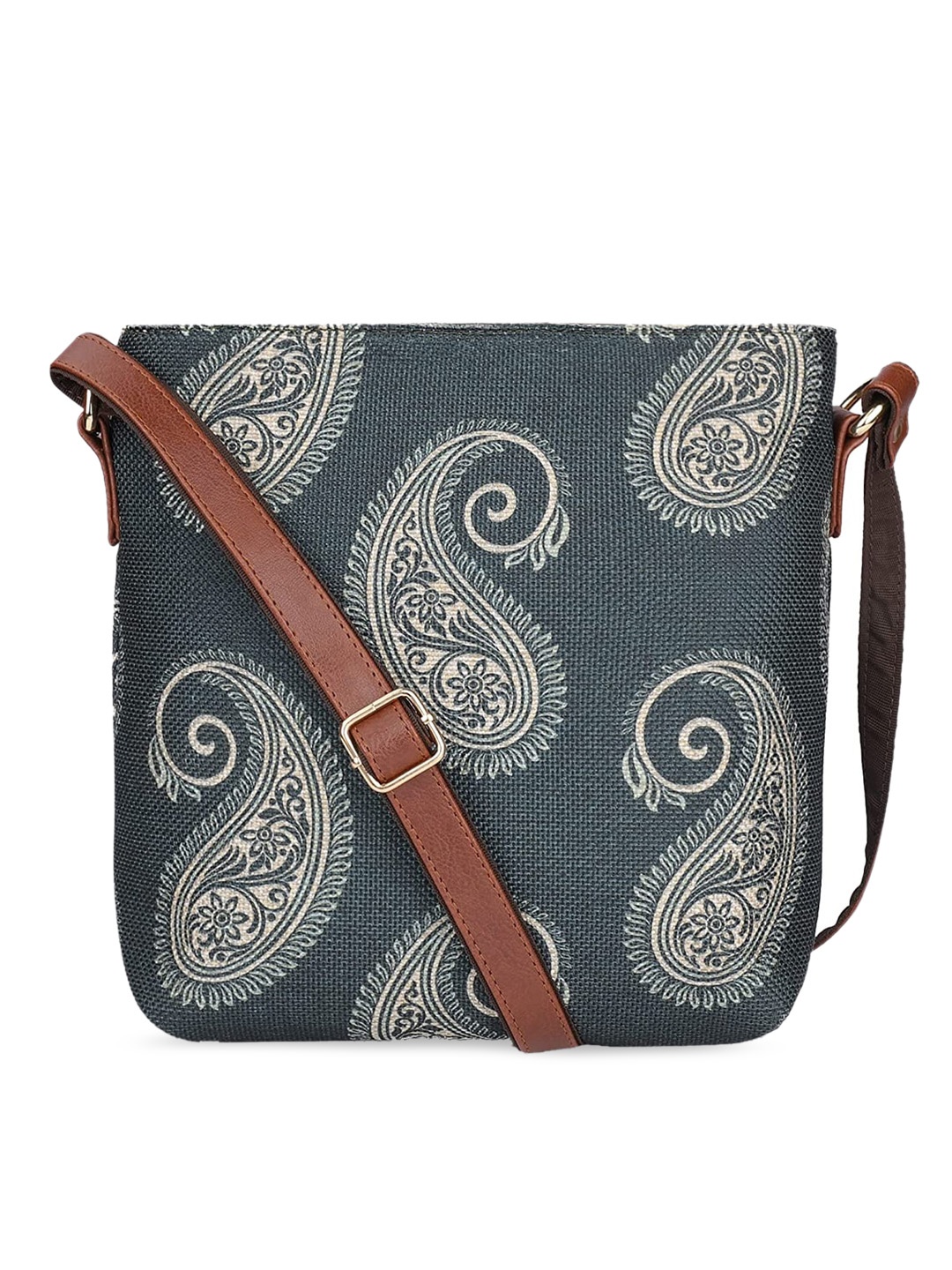 

THE CLOWNFISH Aahna Grey Ethnic Motifs Embellished Oversized Half Moon Sling Bag