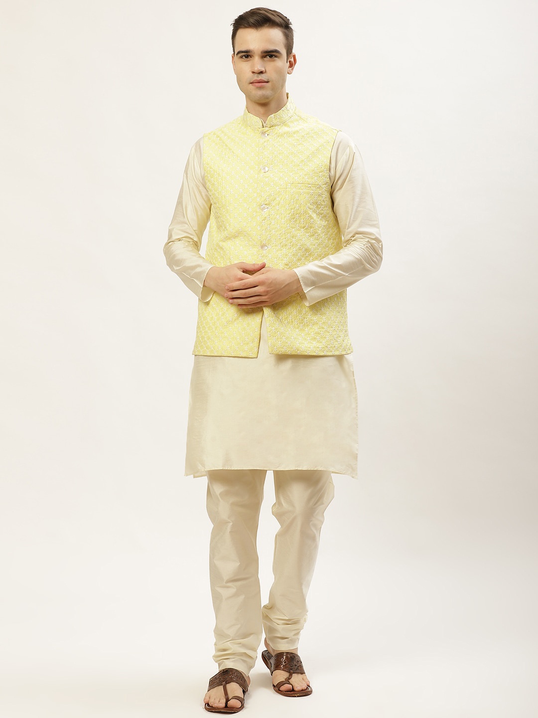 

Jompers Men Yellow Layered Dupion Silk Kurta with Pyjamas & Embroidered Nehru Jacket