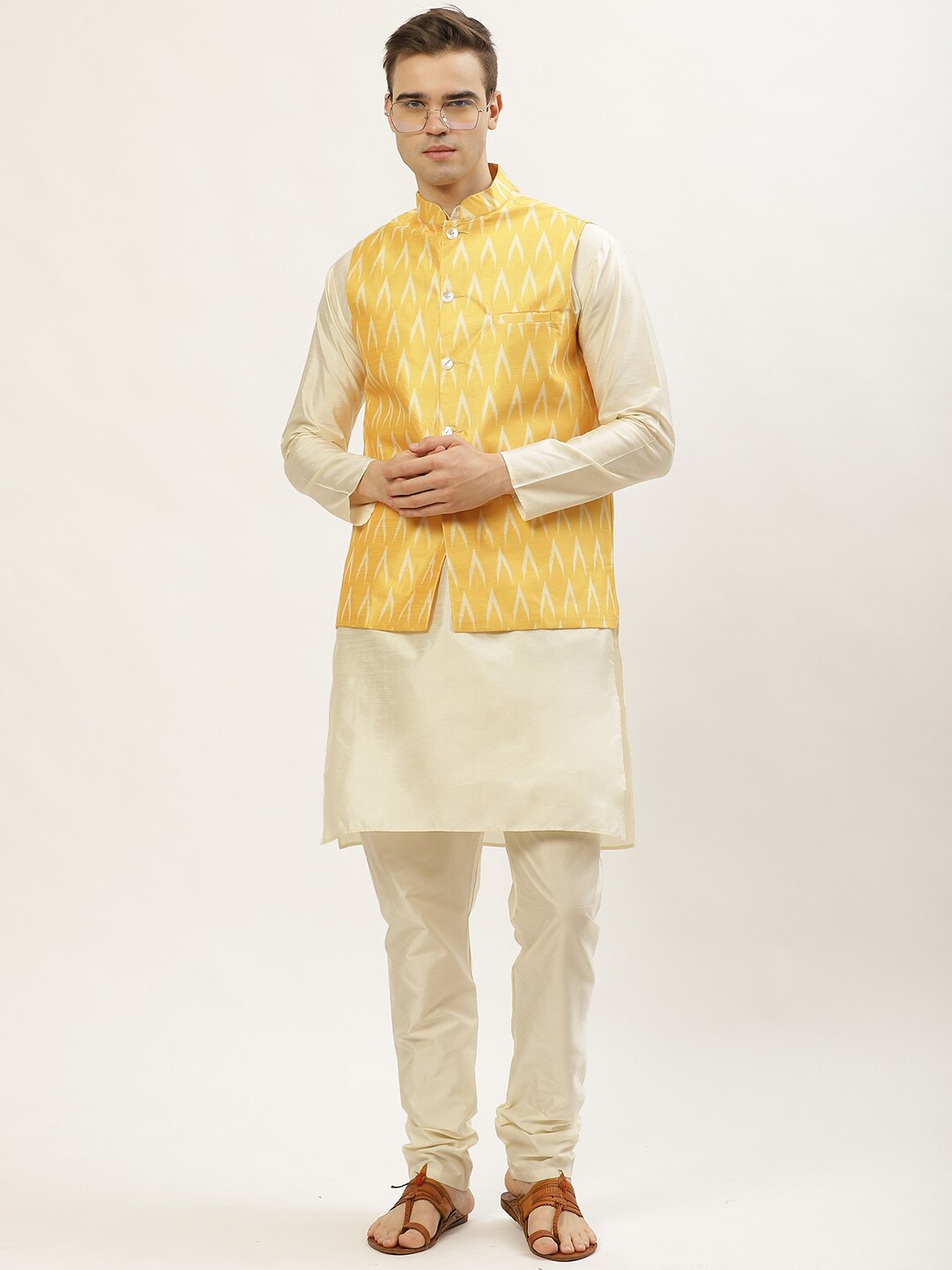 

Jompers Men Mustard Geometric Printed Silk Kurta with Pyjamas & Nehru Jacket