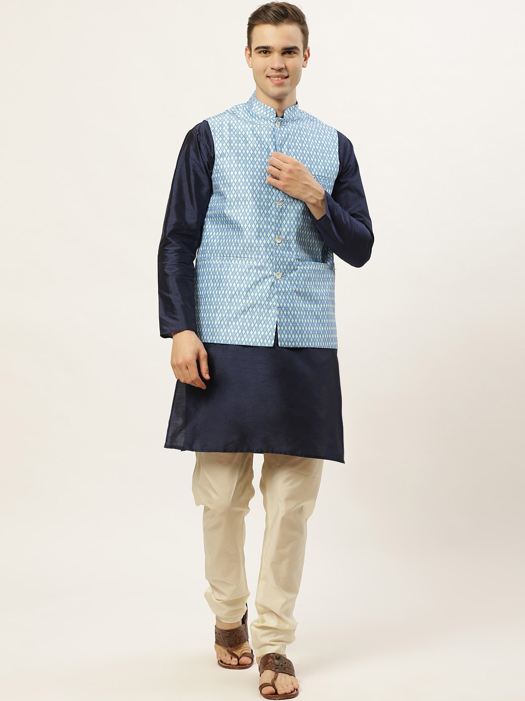 

Jompers Men Blue Layered Dupion Silk Kurta with Pyjamas & Nehru Jacket