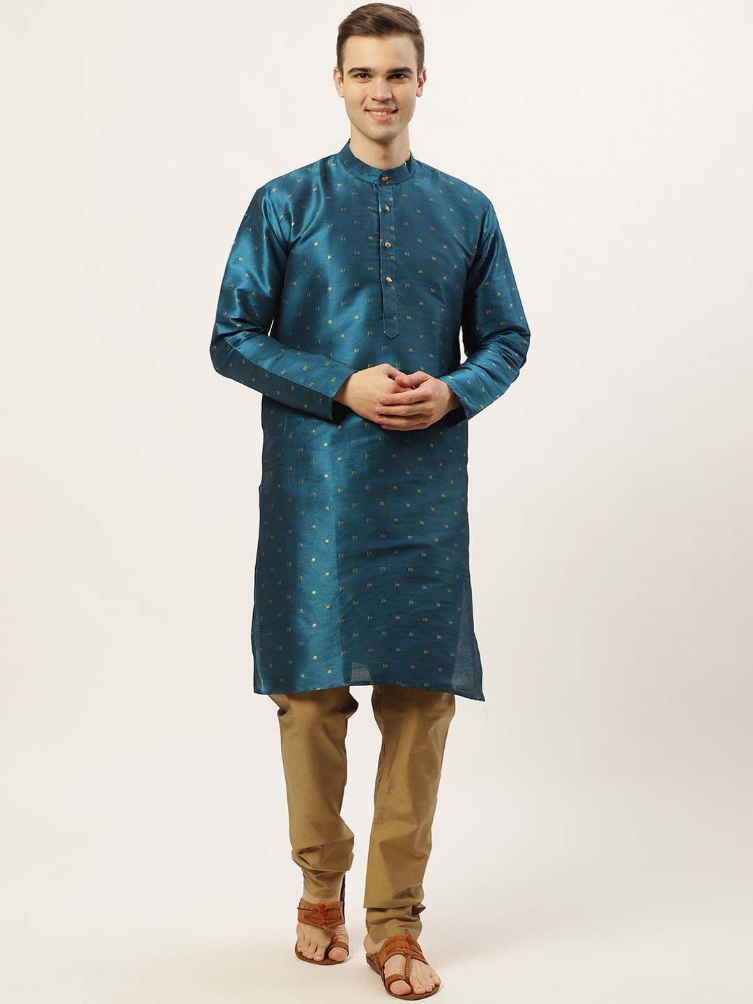 

Jompers Men Teal Ethnic Motifs Dupion Silk Kurta with Churidar