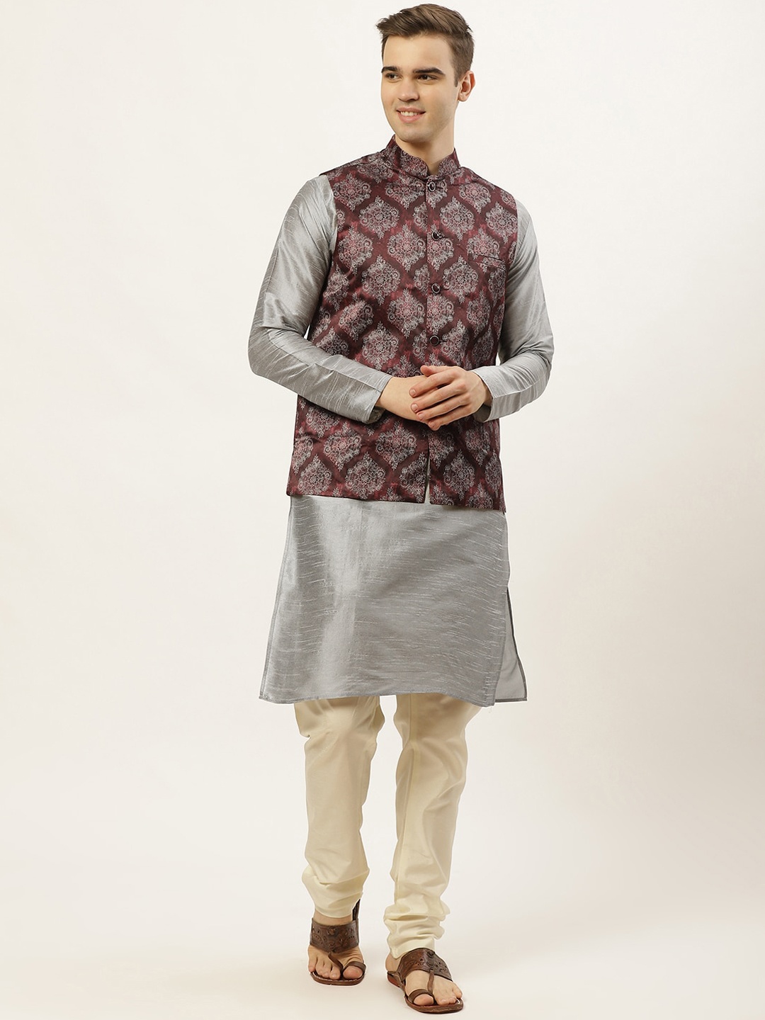 

Jompers Men Maroon & Grey Dupion Silk Kurta with Pyjamas & Nehru Jacket