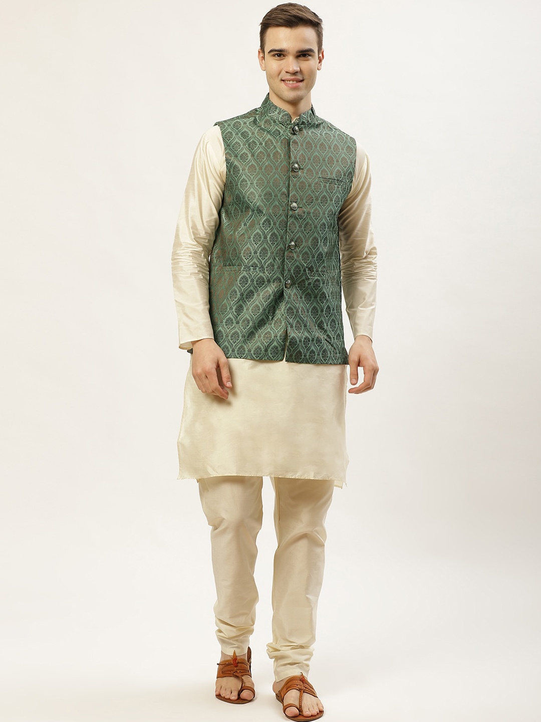 

Jompers Men Green & Beige Layered Kurta with Pyjamas & Nehru Jacket