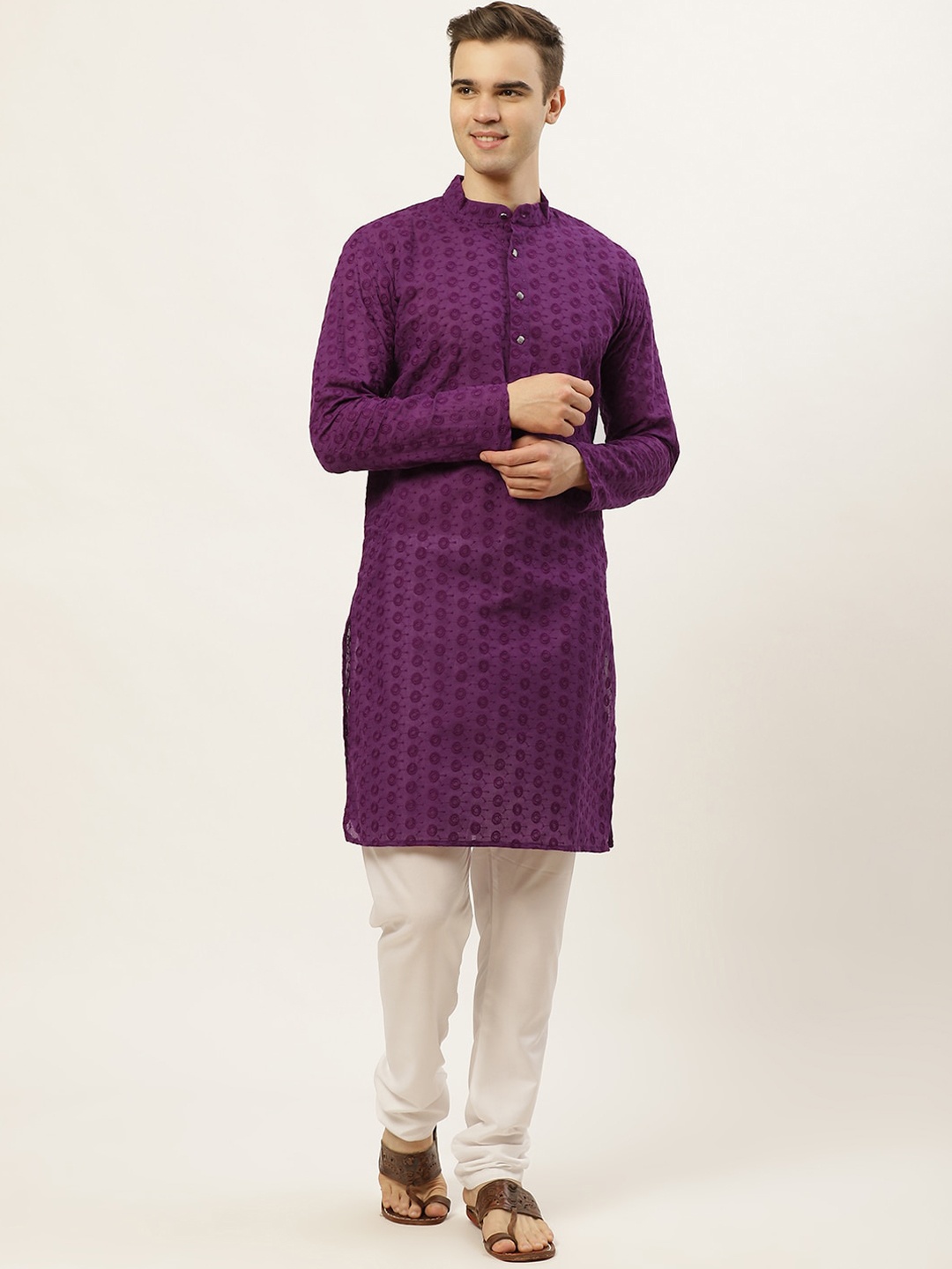 

Jompers Men Purple & White Embroidered Pure Cotton Kurta with Churidar