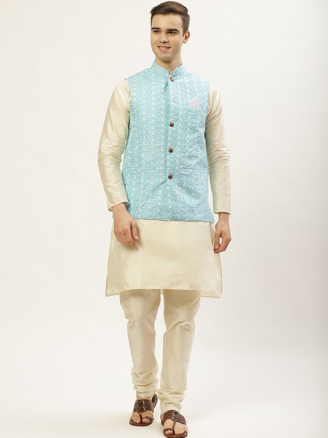 

Jompers Men Off White Dupion Silk Kurta with Churidar & Nehru Jacket