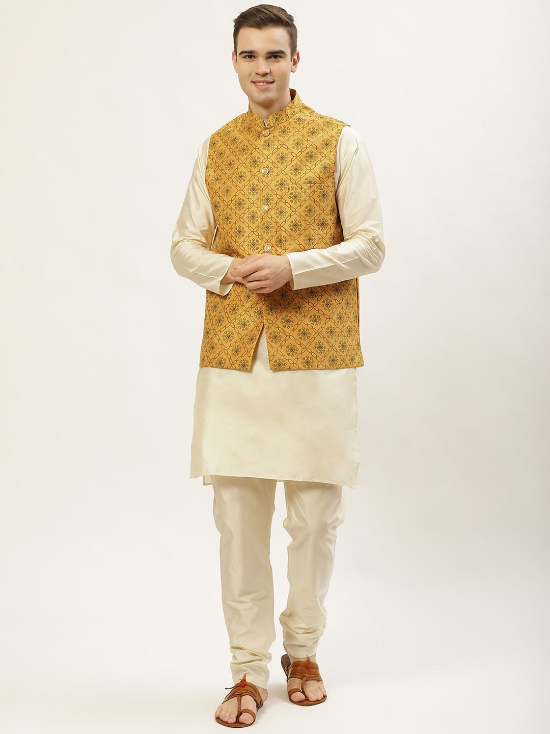 

Jompers Men Mustard Yellow & Beige Layered Dupion Silk Kurta with Churidar & Nehru Jacket