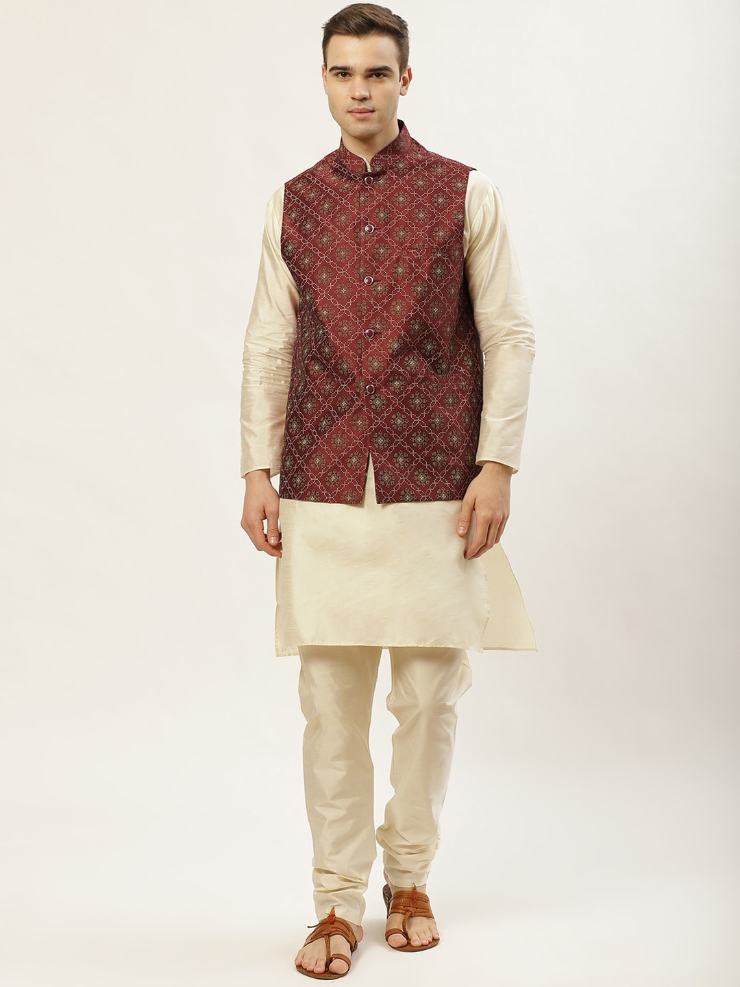 

Jompers Men Cream-Coloured & Maroon Dupion Silk Kurta with Pyjamas & Nehru Jacket