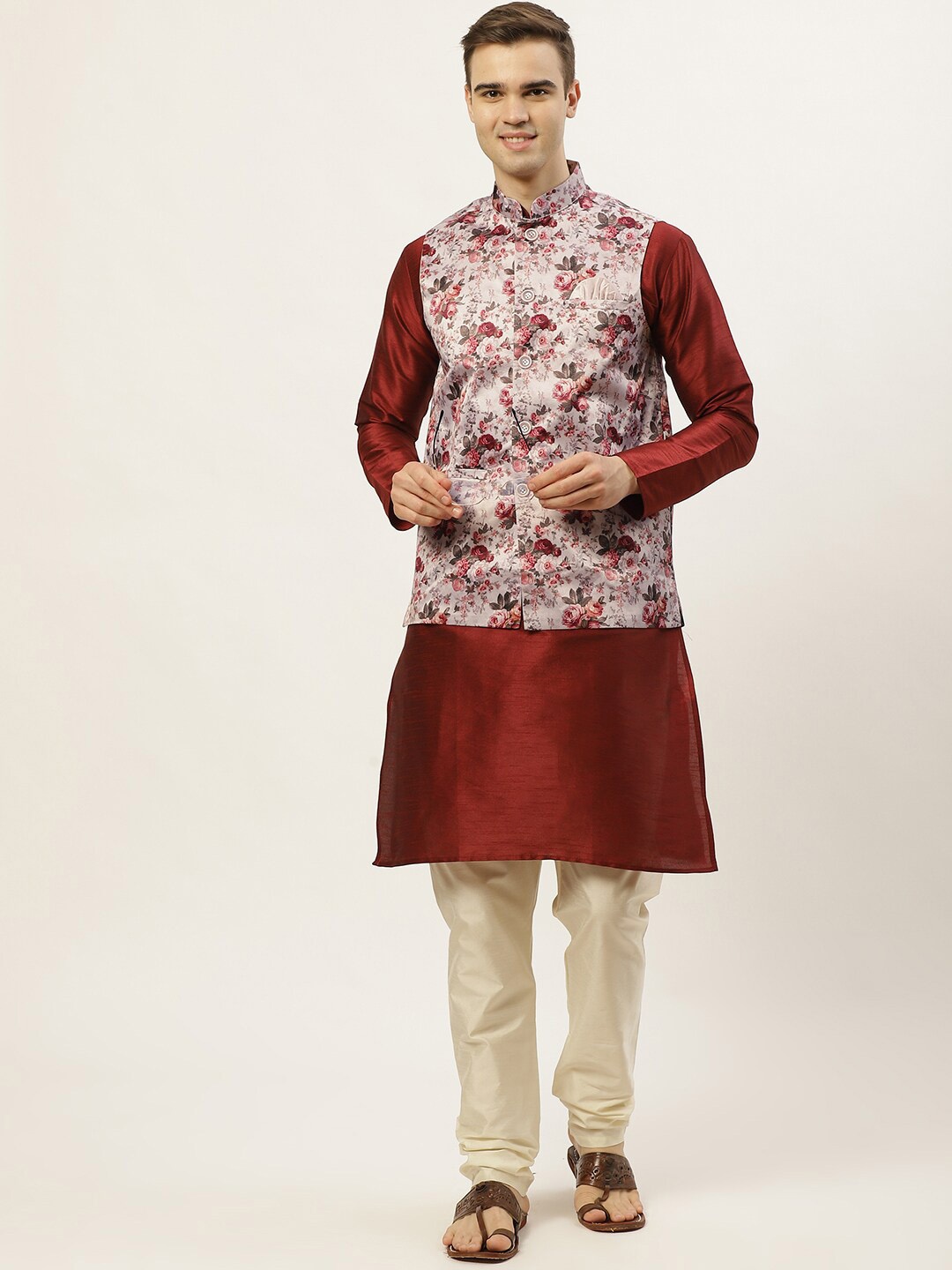 

Jompers Men Pink Floral Printed Dupion Silk Kurta with Pyjama & Nehru Jacket