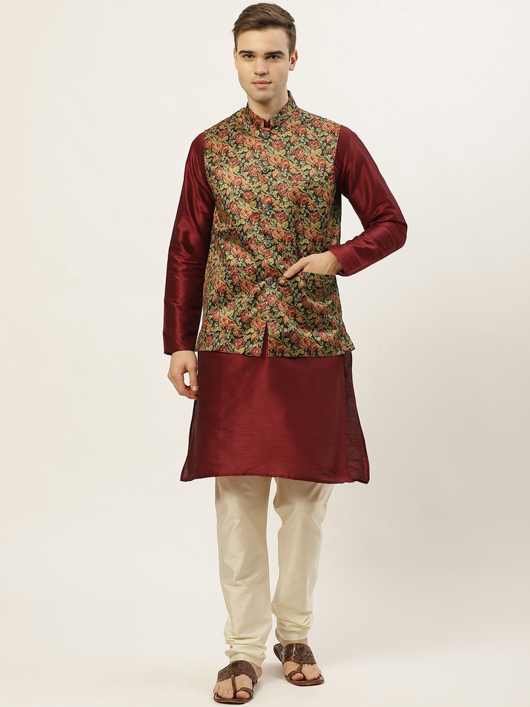 

Jompers Men Black & Maroon Layered Dupion Silk Kurta with Pyjamas & Nehru Jacket
