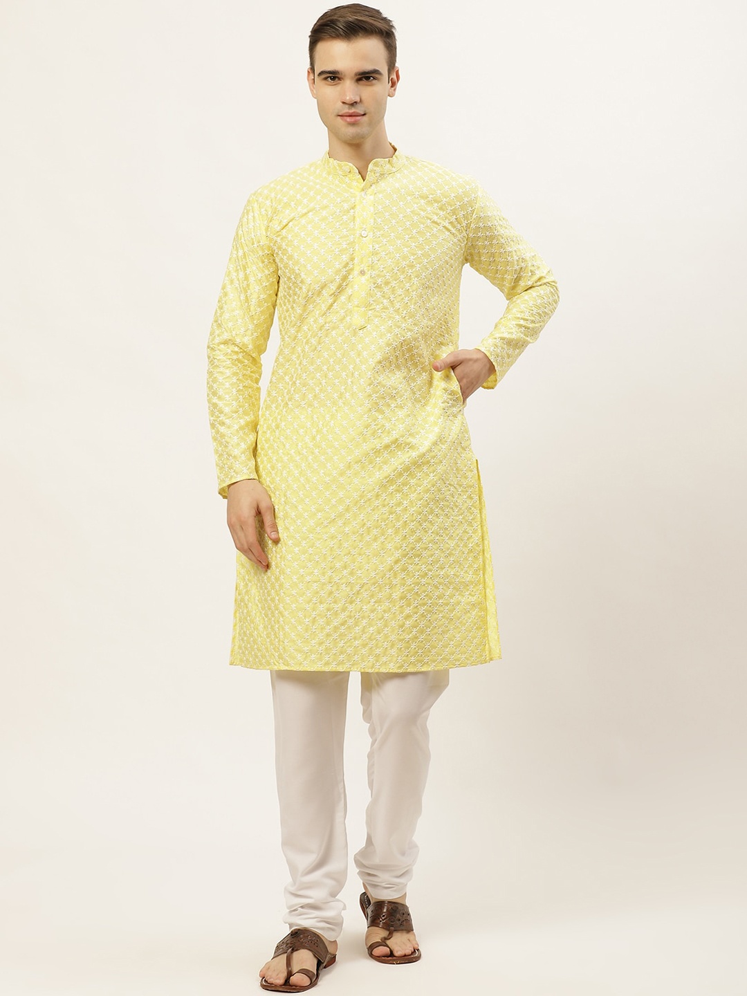 

Jompers Men Yellow & White Embroidered Dupion Silk Kurta with Churidar