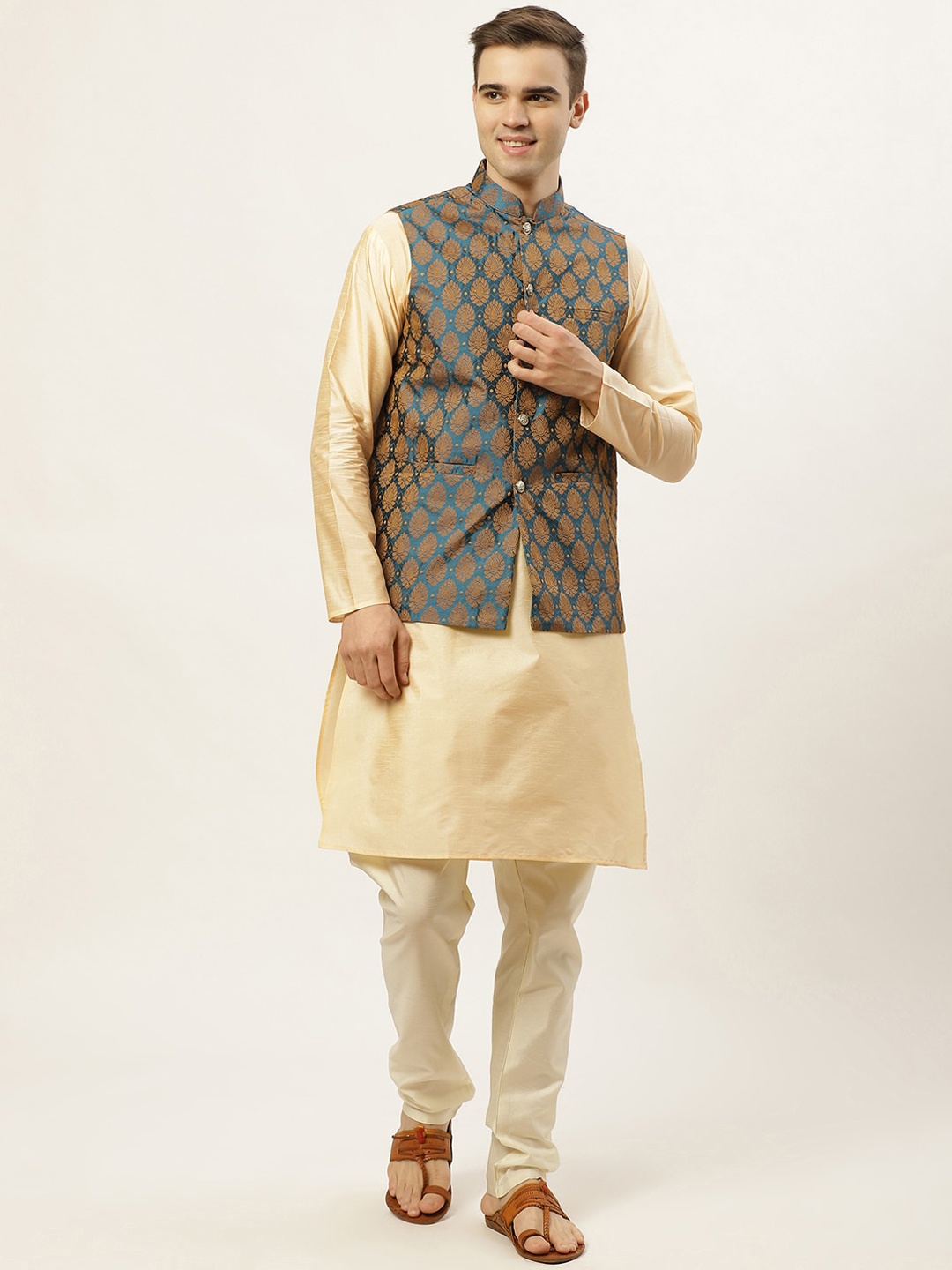 

Jompers Men Blue Woven Design Dupion Silk Kurta with Churidar & Nehru Jacket