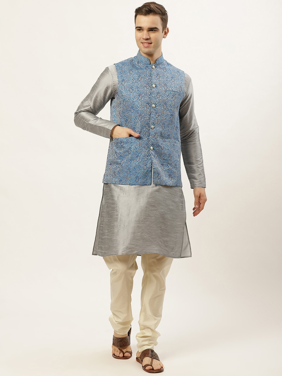 

Jompers Men Blue Layered Dupion Silk Kurta with Pyjamas & Woven Design Nehru Jacket