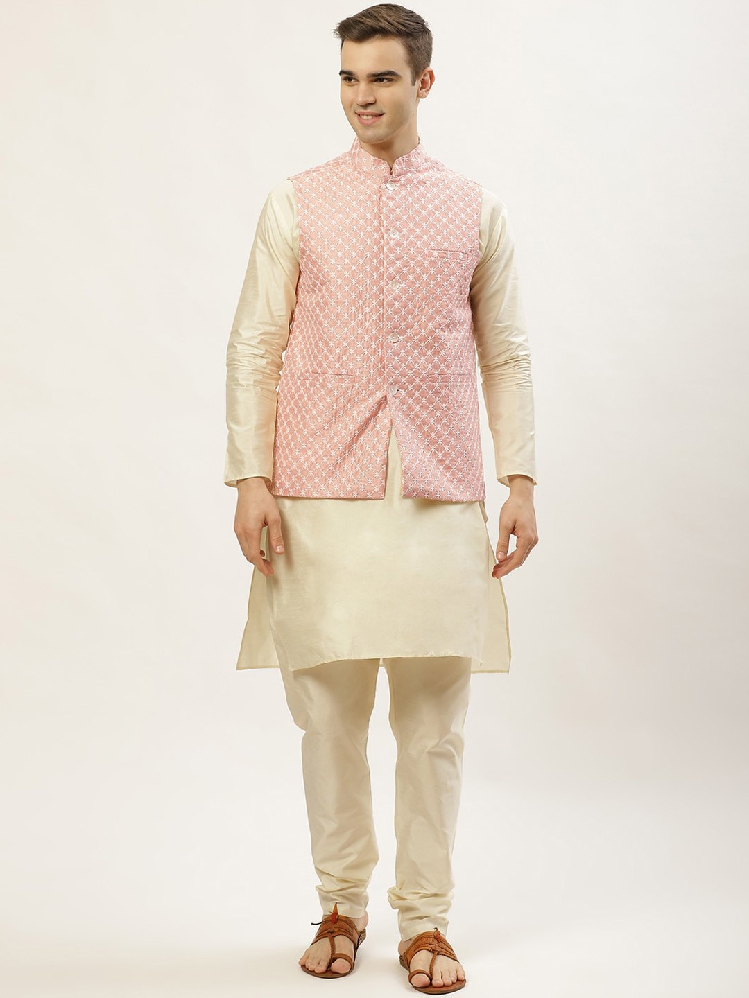 

Jompers Men Cream-Coloured & Pink Dupion Silk Kurta with Churidar & Nehru Jacket