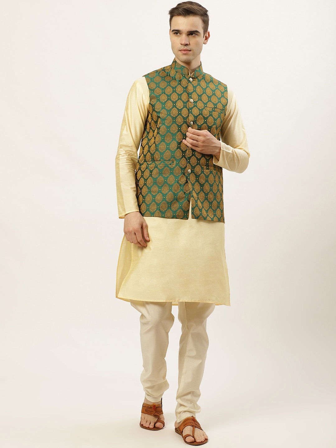

Jompers Men Cream-Coloured & Green Dupion Silk Kurta with Churidar & Nehru Jacket