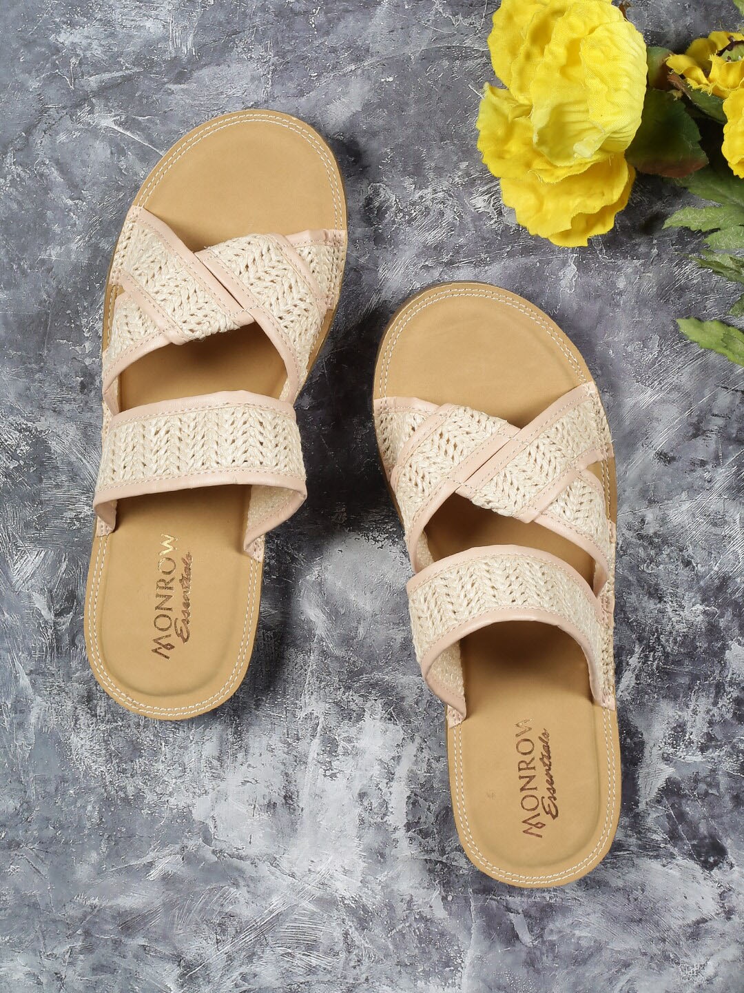 

Monrow Women Cream-Coloured Textured Open Toe Flats
