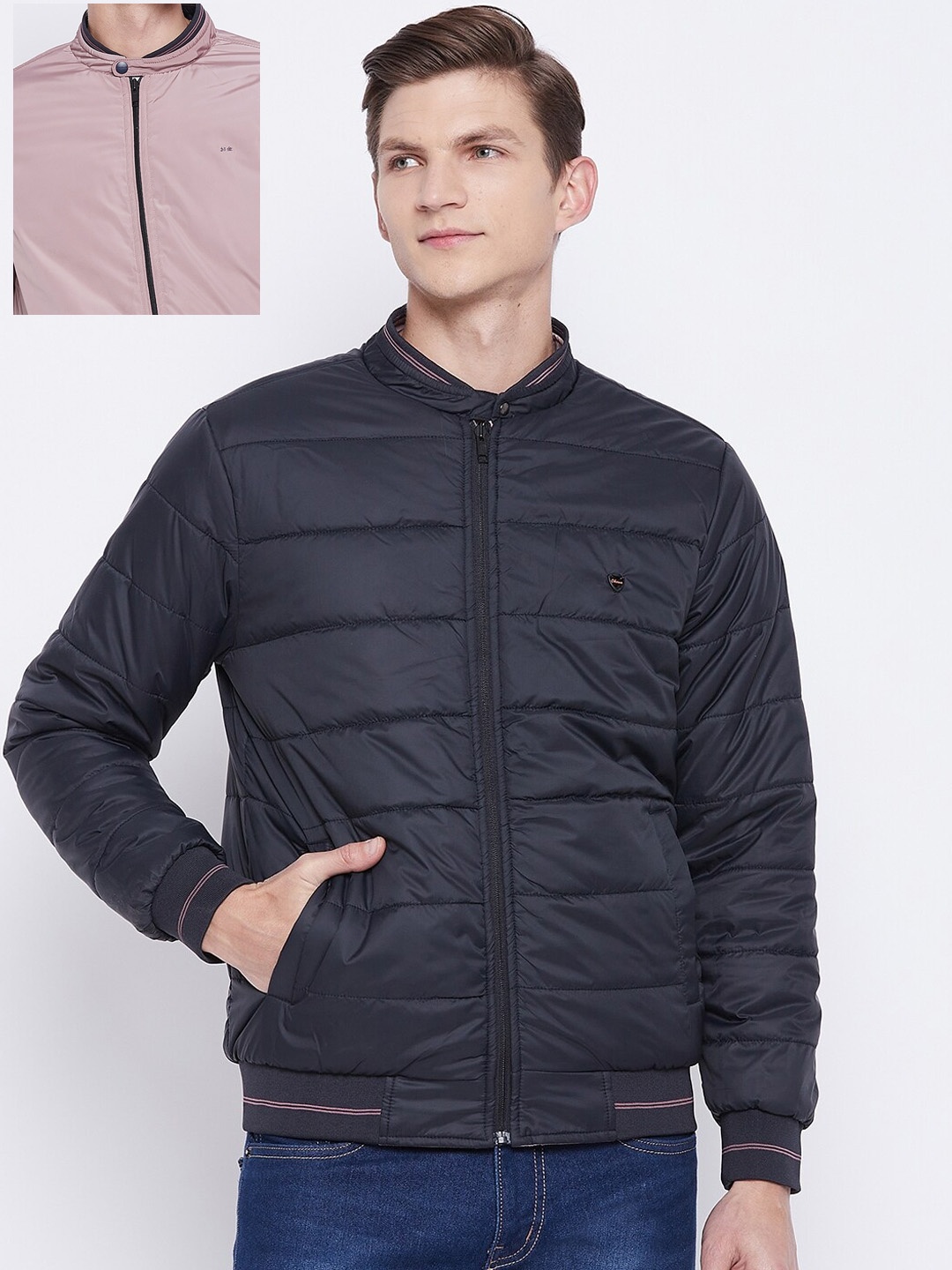 

Okane Men Blue Pink Reversible Bomber Jacket