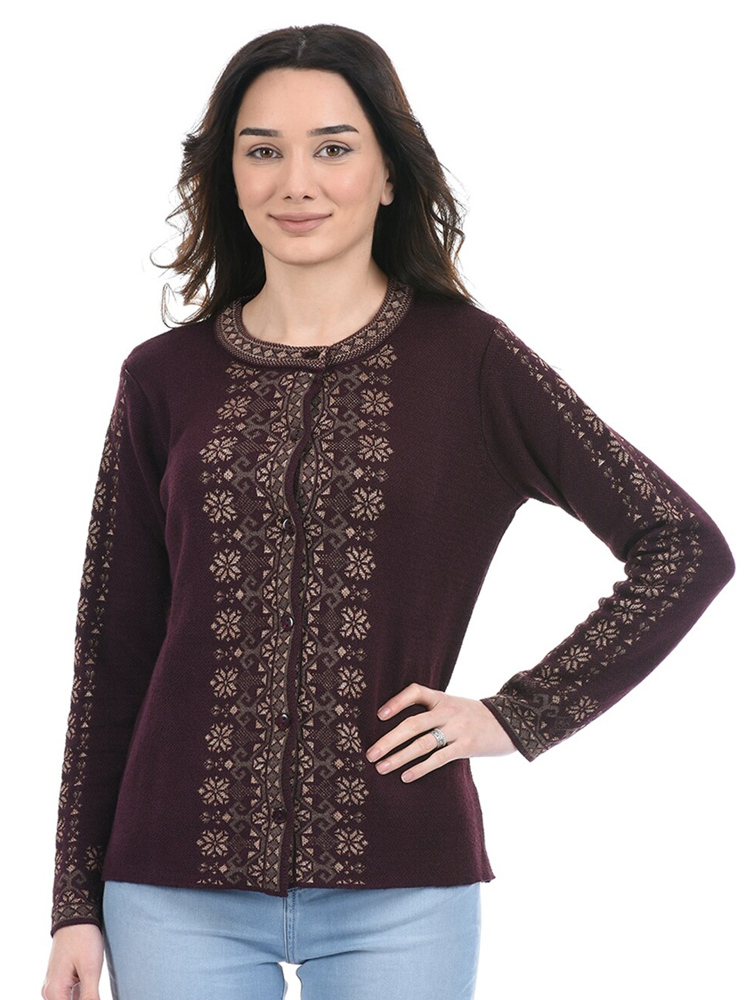 

American Eye Ethnic Motifs Self Design Acrylic Cardigan, Maroon