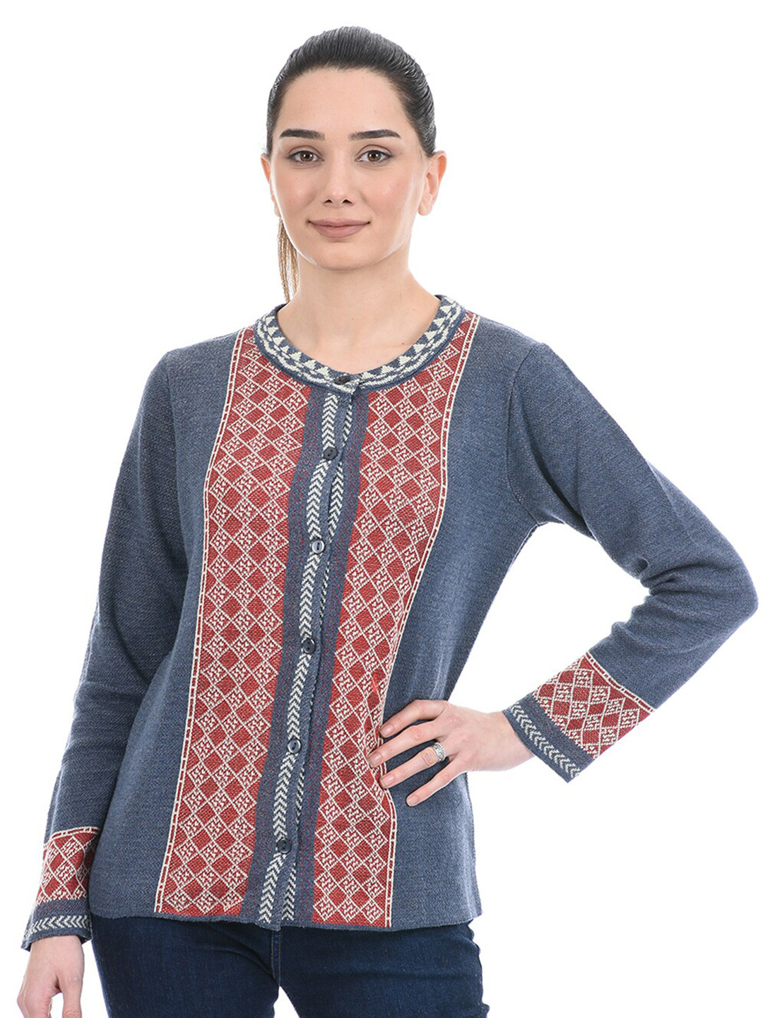 

American Eye Women Blue & Red Self Design Cardigan
