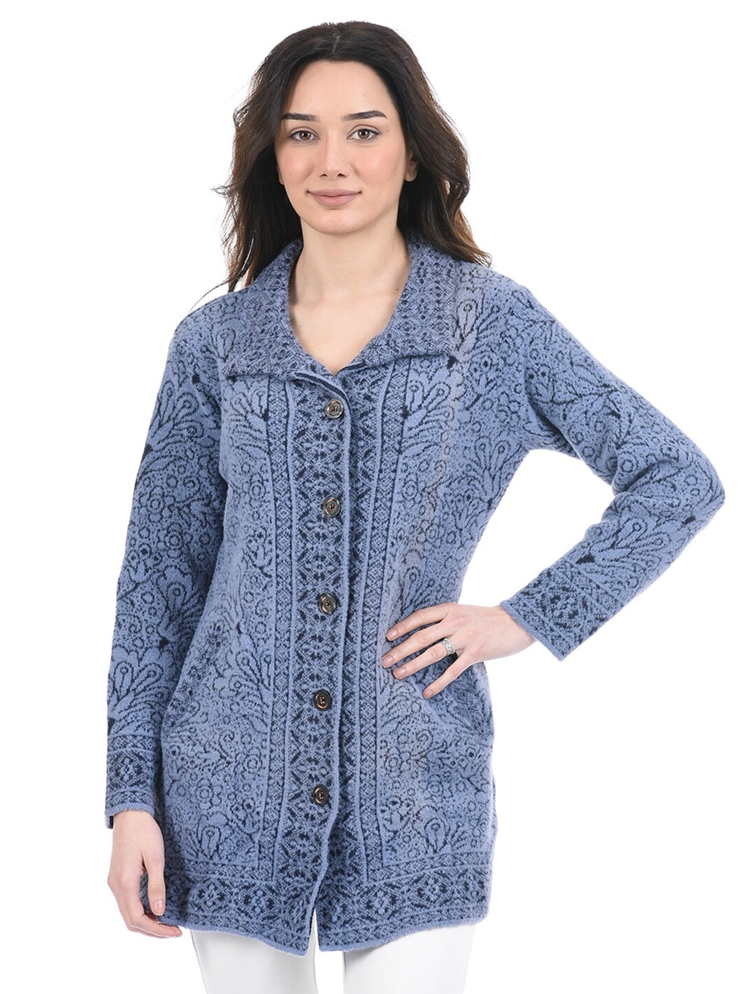 

American Eye Women Blue Floral Longline Cardigan