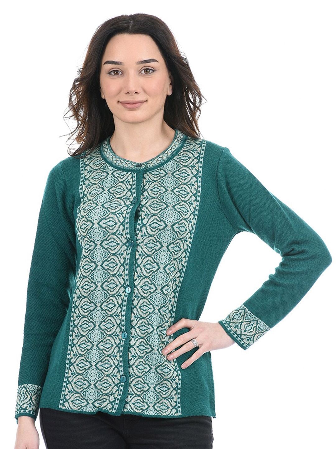 

American Eye Women Green & White Self Design Printed Cardigan