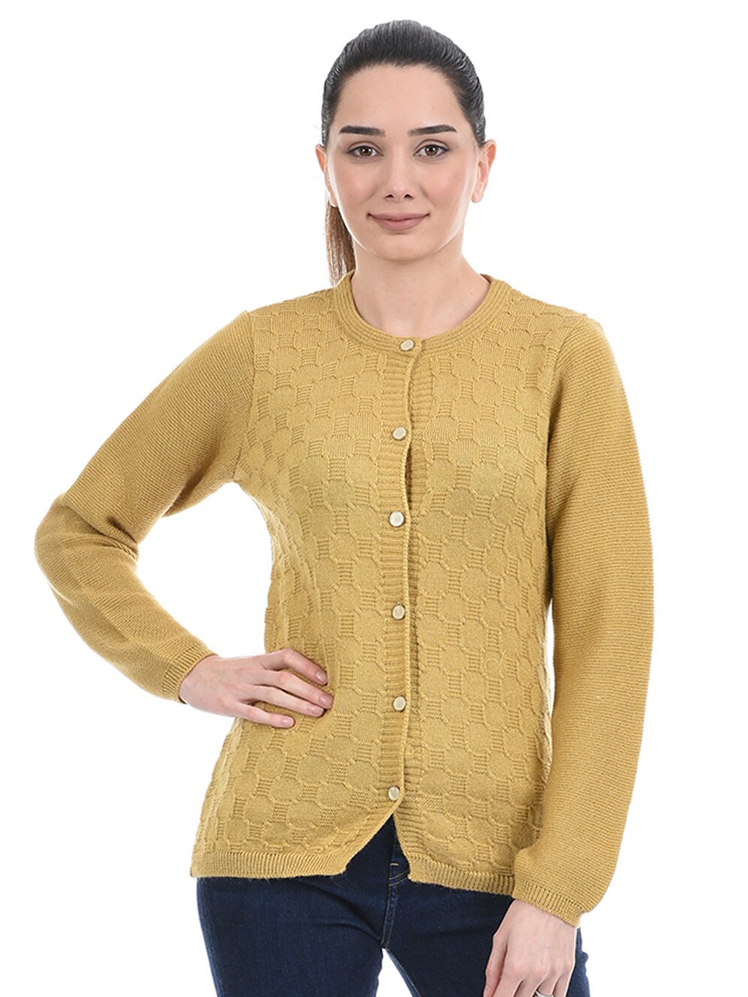 

American Eye Geometric Self Design Acrylic Cardigan, Mustard