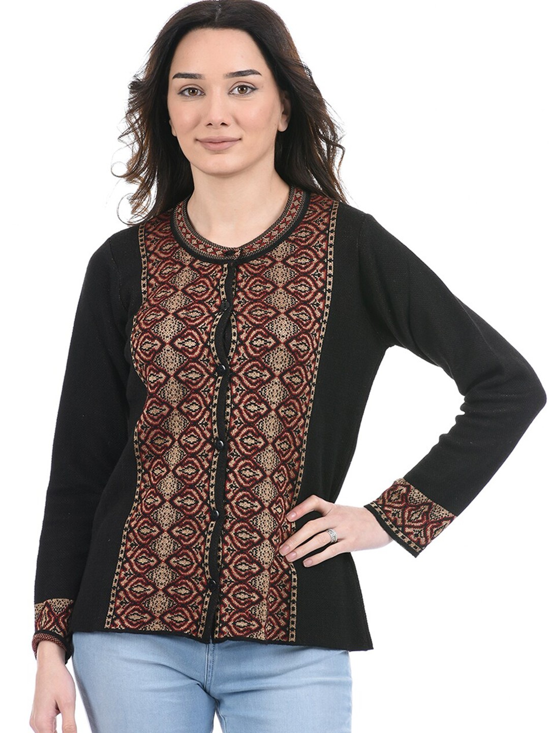 

American Eye Women Black & Maroon Printed Self Design Cardigan