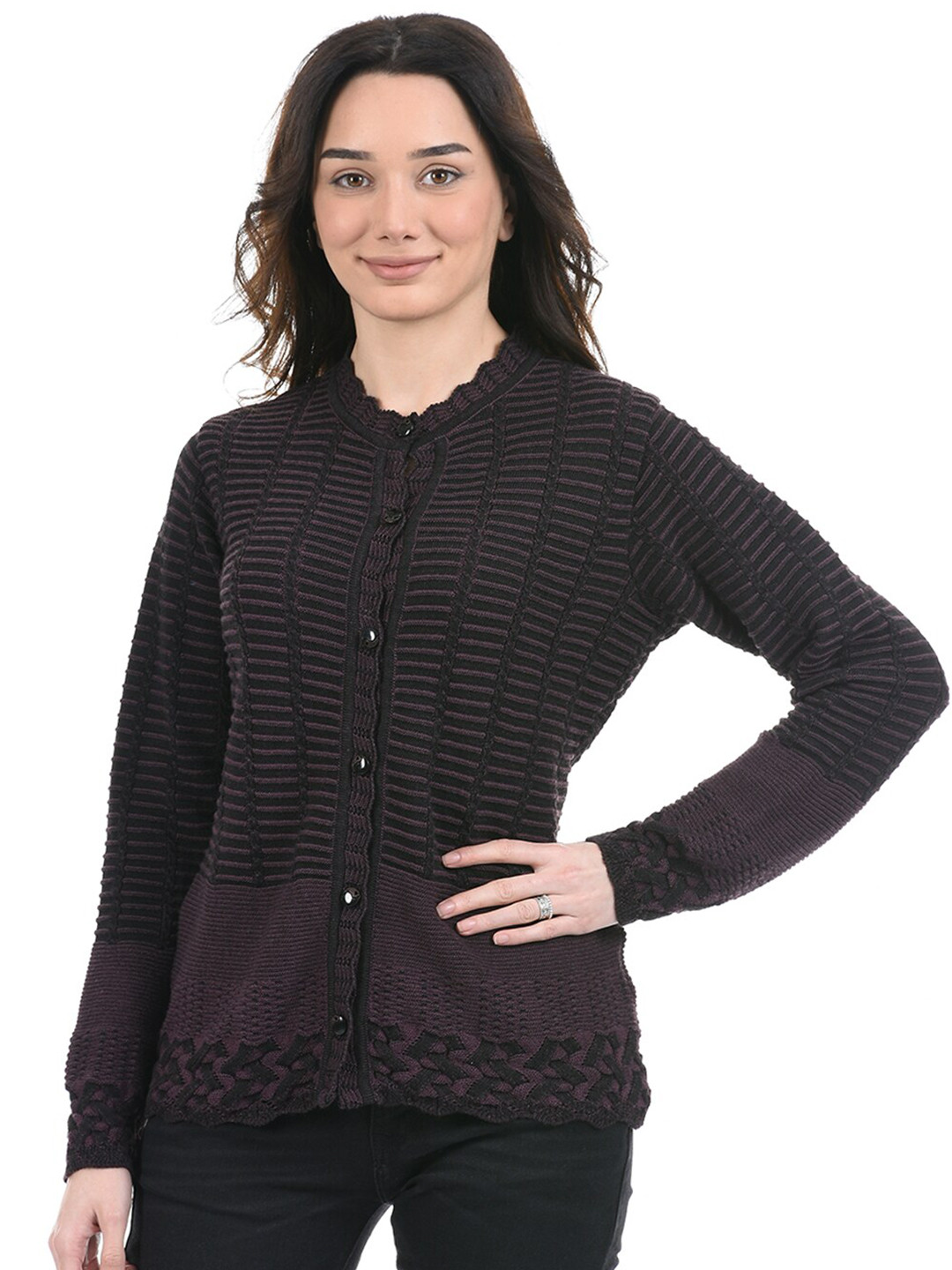 

American Eye Geometric Self Design Acrylic Longline Cardigan, Black