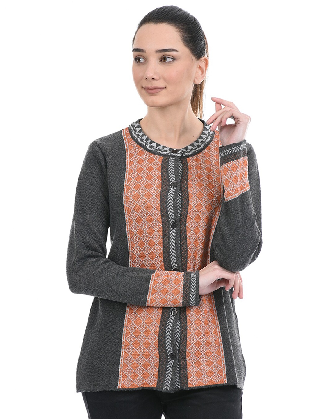 

American Eye Ethnic Motifs Self Design Acrylic Cardigan, Charcoal