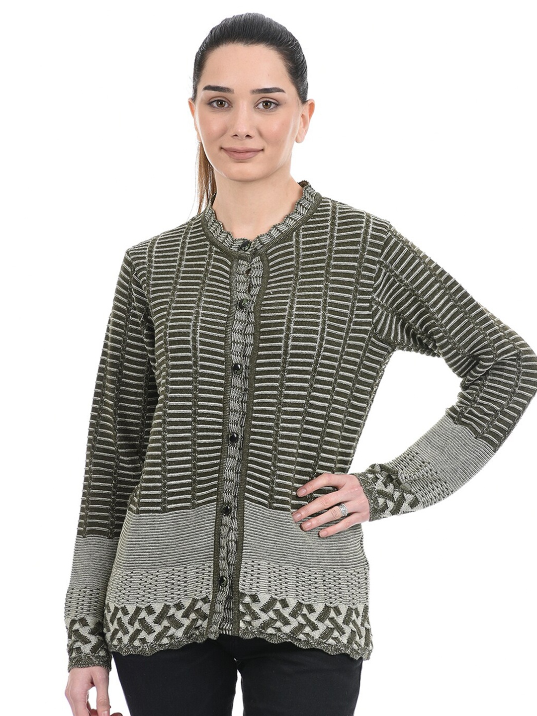 

American Eye Women Green & White Cardigan