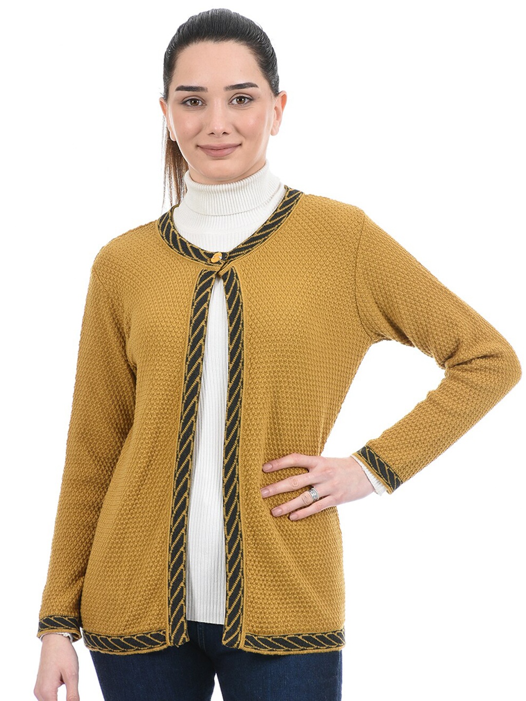 

American Eye Self Design Acrylic Cardigan, Mustard