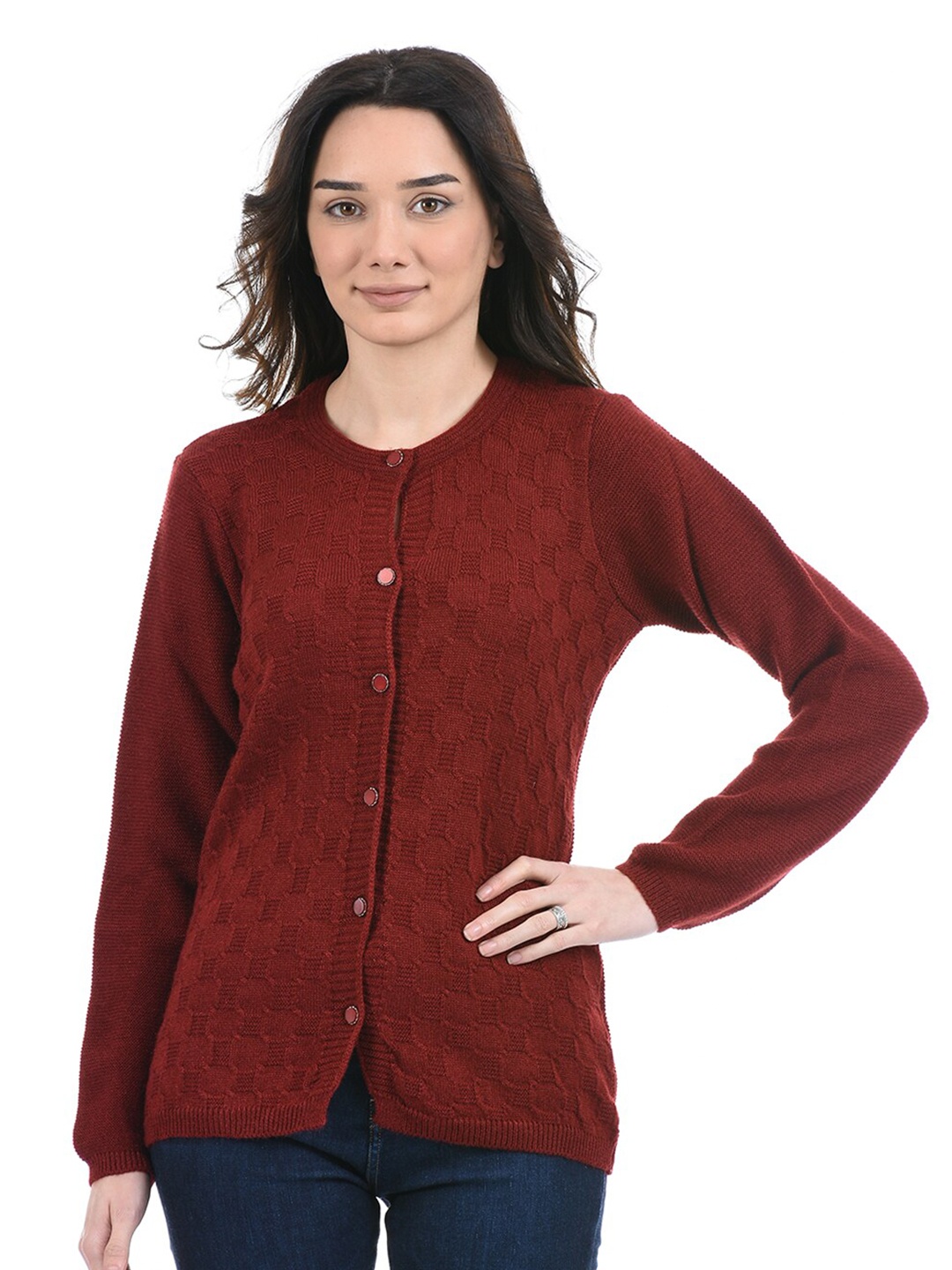 

American Eye Geometric Self Design Acrylic Cardigan, Maroon