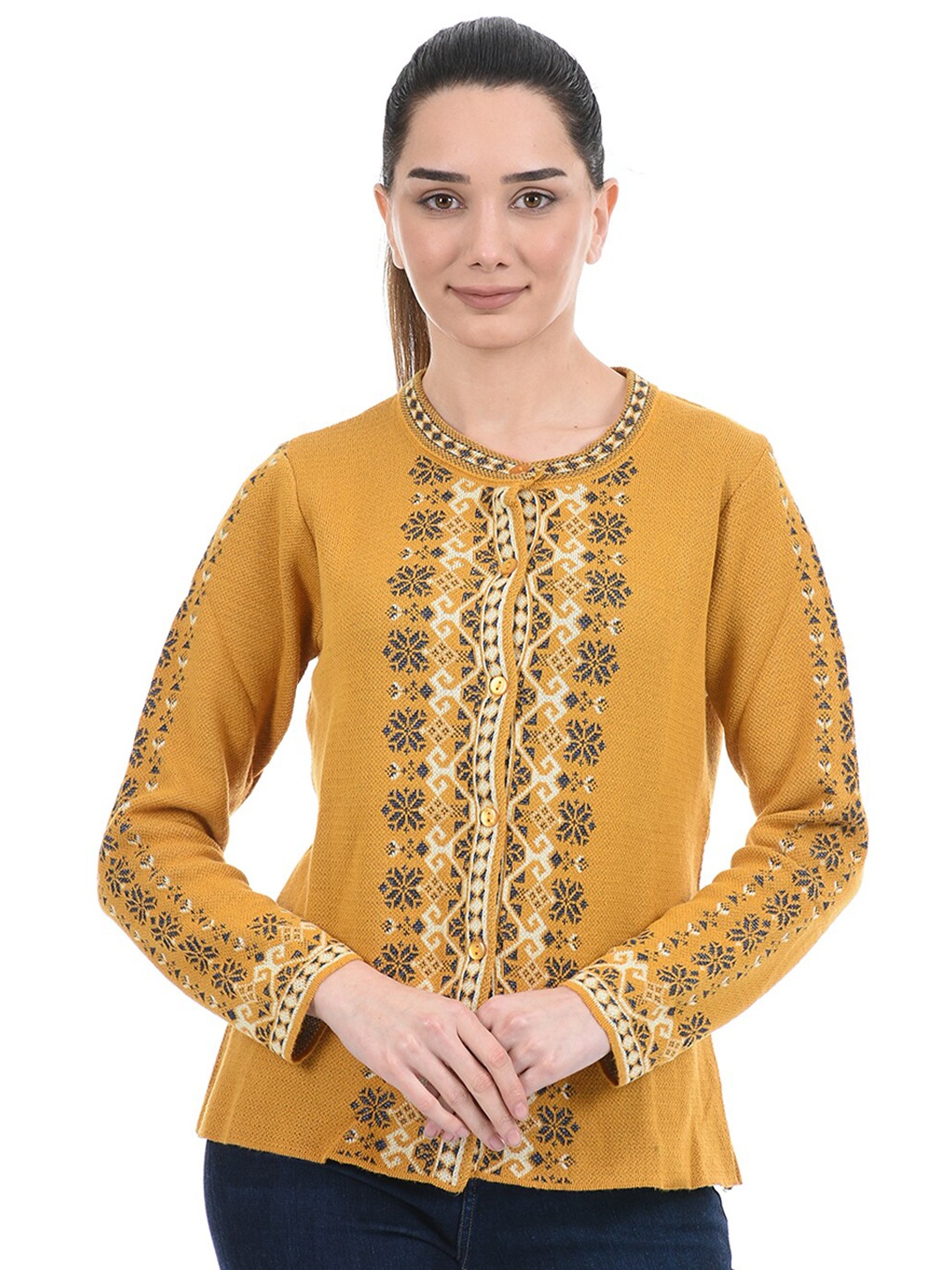 

American Eye Women Yellow & Blue Self Design Acrylic Cardigan