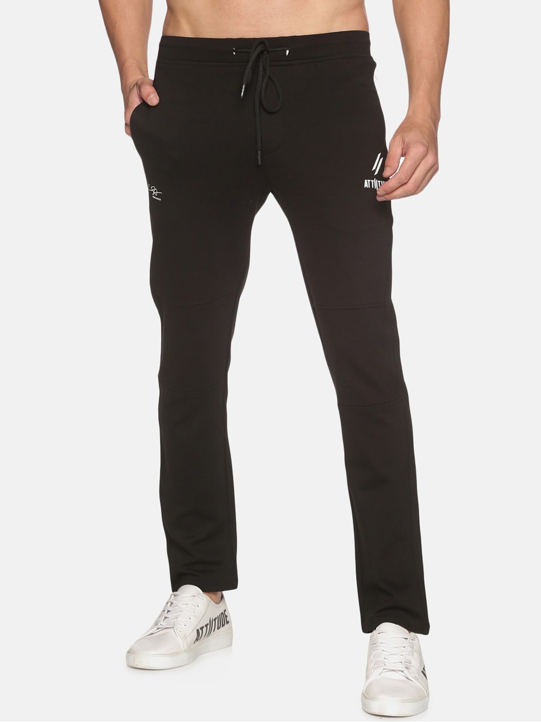

ATTIITUDE Men Black & White Brand Logo Printed Slim-Fit Dry Fit Track Pants