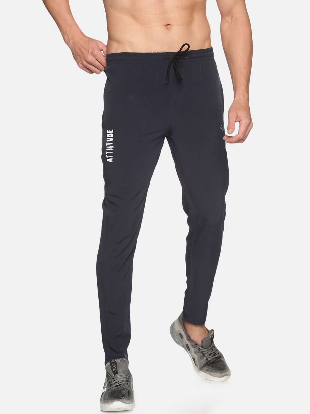 

ATTIITUDE Men Navy Blue & White Brand Logo Printed Slim-Fit Dry Fit Track Pants