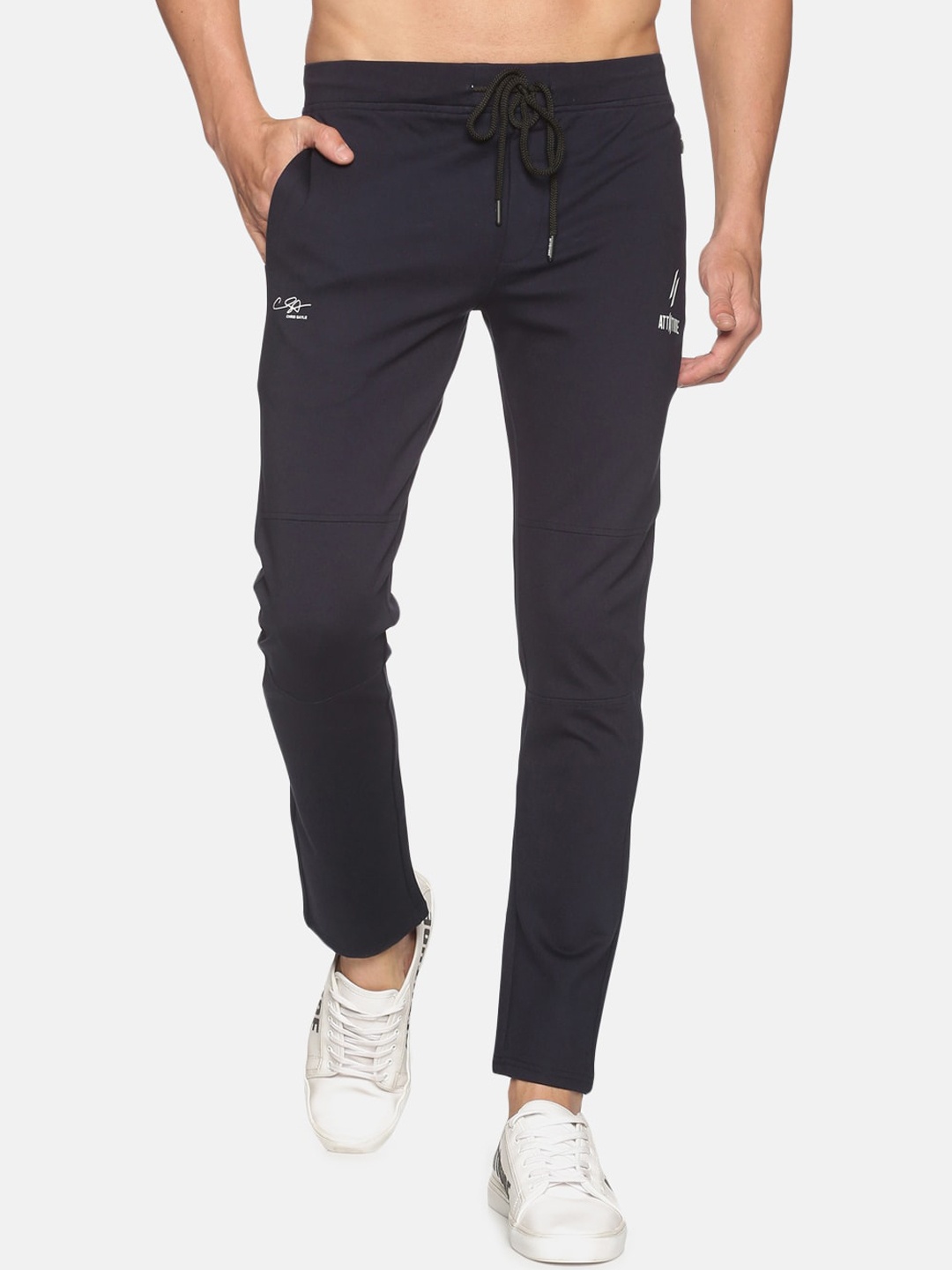 

ATTIITUDE Men Navy Blue & White Brand Logo Printed Slim-Fit Dry Fit Track Pants