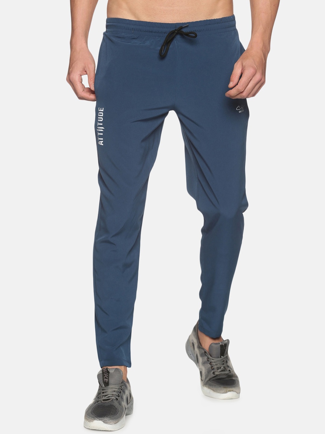 

ATTIITUDE Men Navy Blue & White Brand Logo Printed Slim-Fit Dry Fit Track Pants