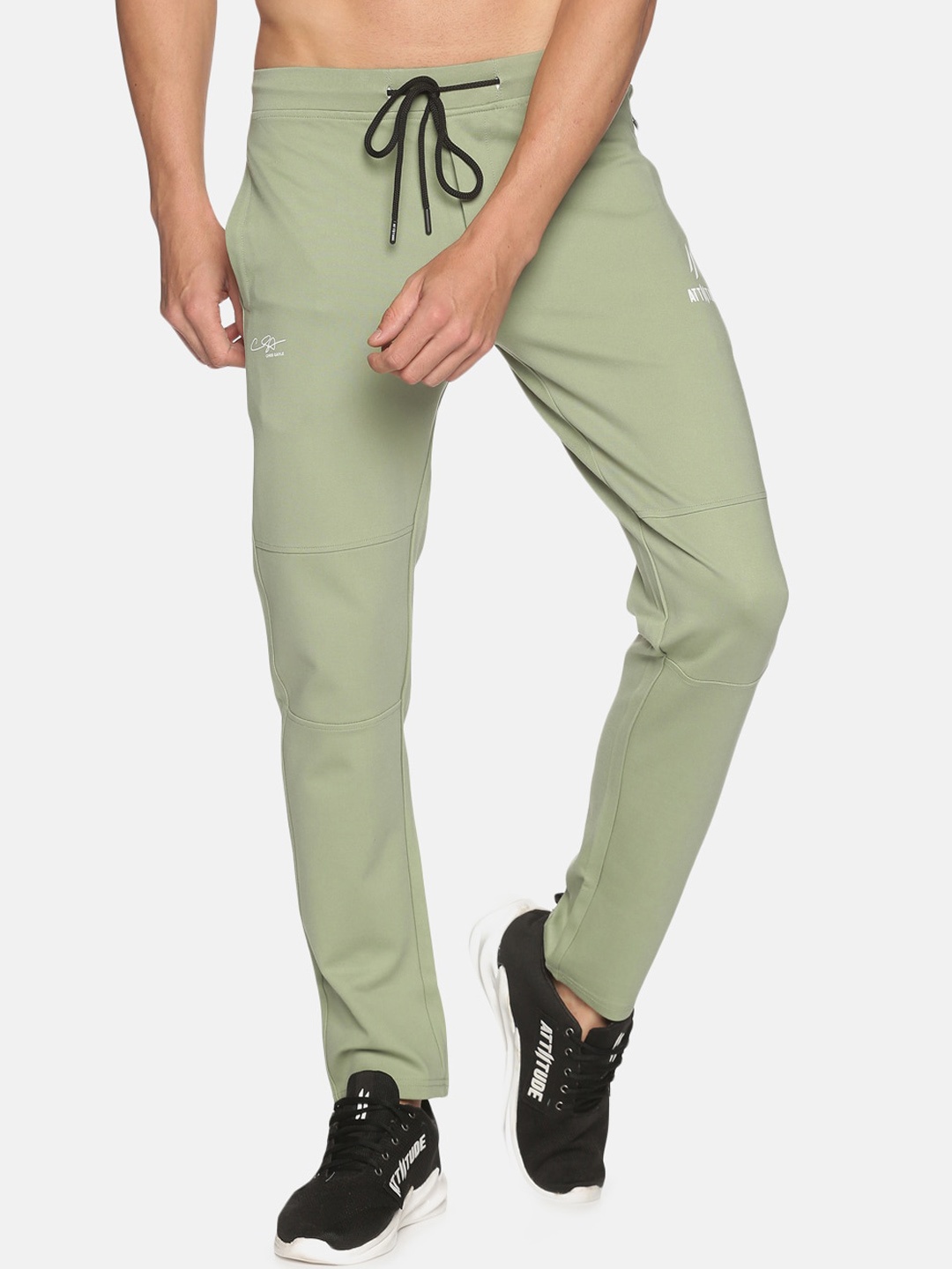 

ATTIITUDE Men Olive-Green & White Brand Logo Printed Slim-Fit Dry Fit Track Pants