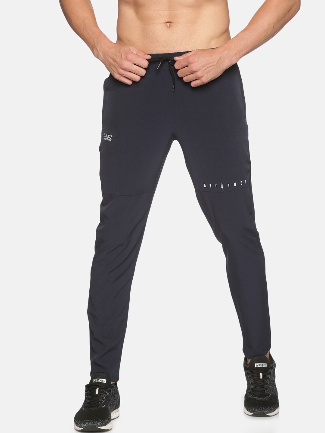 

ATTIITUDE Men Navy Blue & White Brand Logo Printed Slim-Fit Dry Fit Track Pants