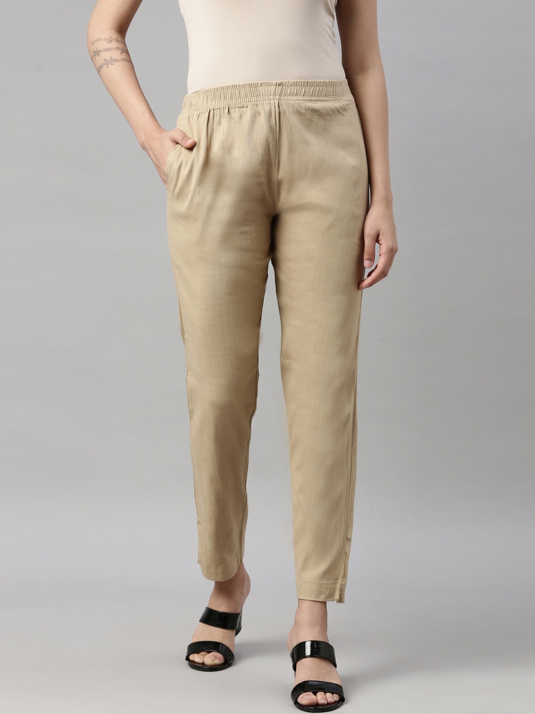 

GOLDSTROMS Women Beige Cotton Cigarette Trousers