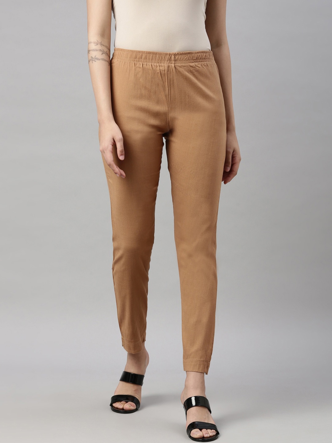 

GOLDSTROMS Women Khaki Cotton Cigarette Trousers